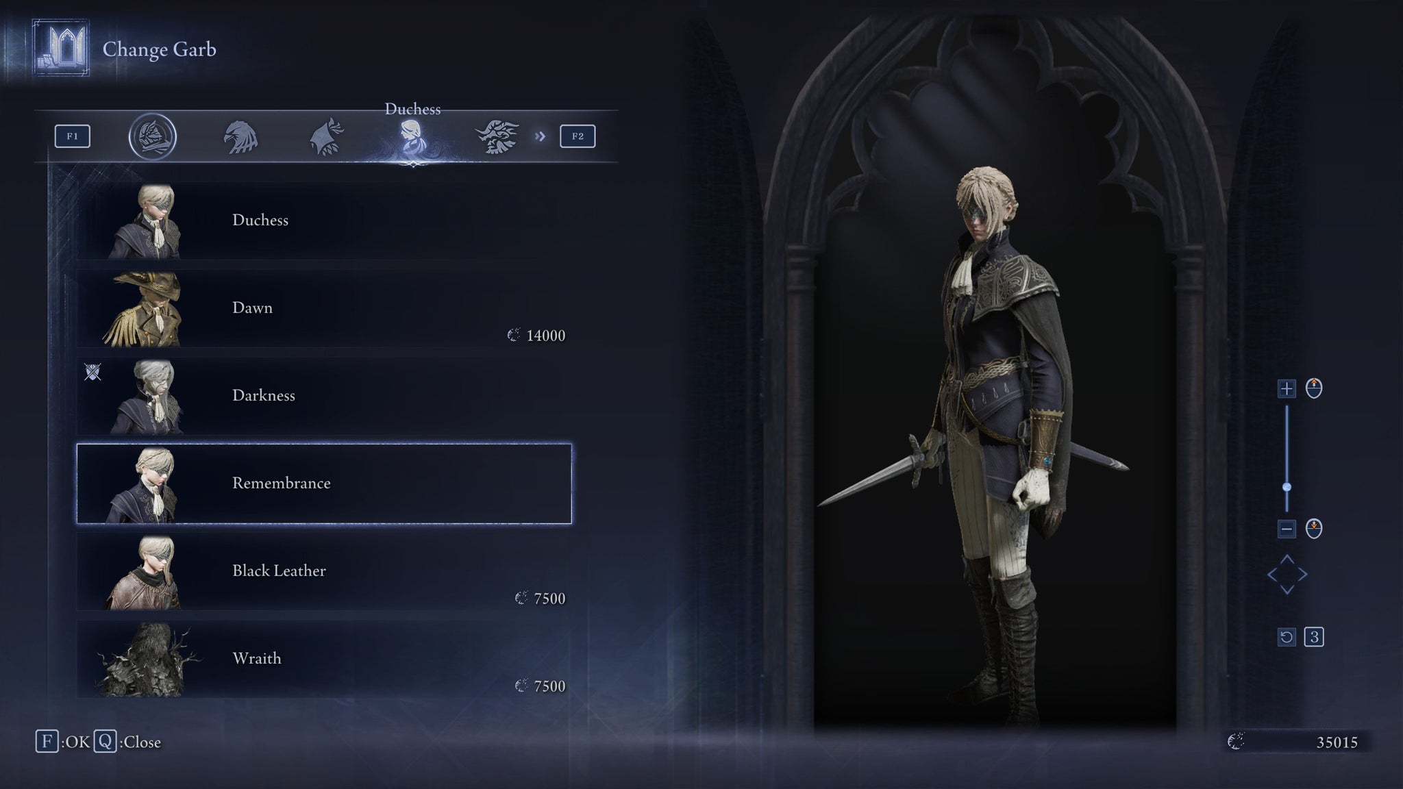 The Change Garb screen in Elden Ring: Nightreign, showing the Remembrance skin for the Duchess. - 24