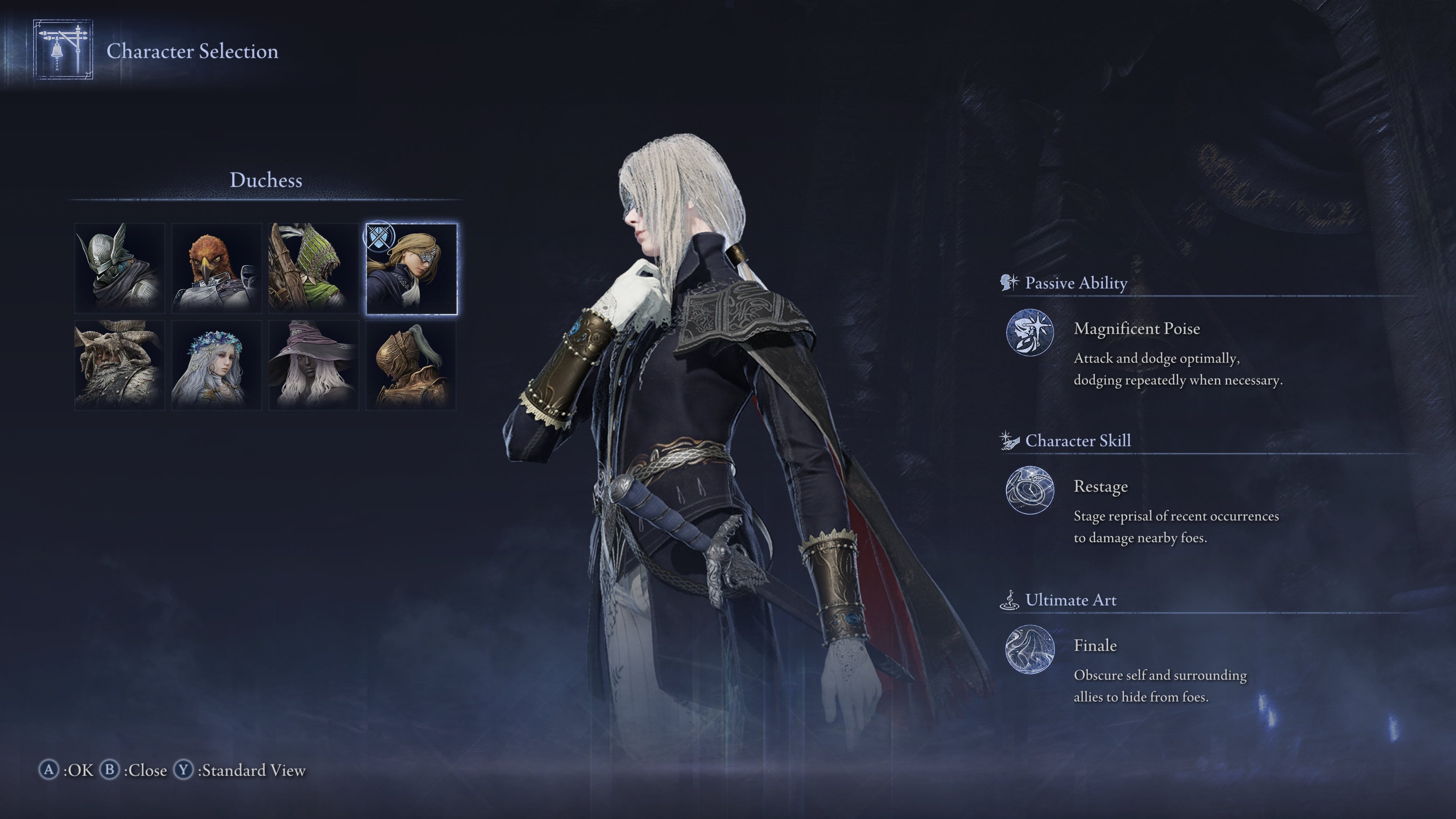 The Elden Ring: Nightreign character selection screen, with the Duchess selected and shown posing in the centre of the screen. - 10