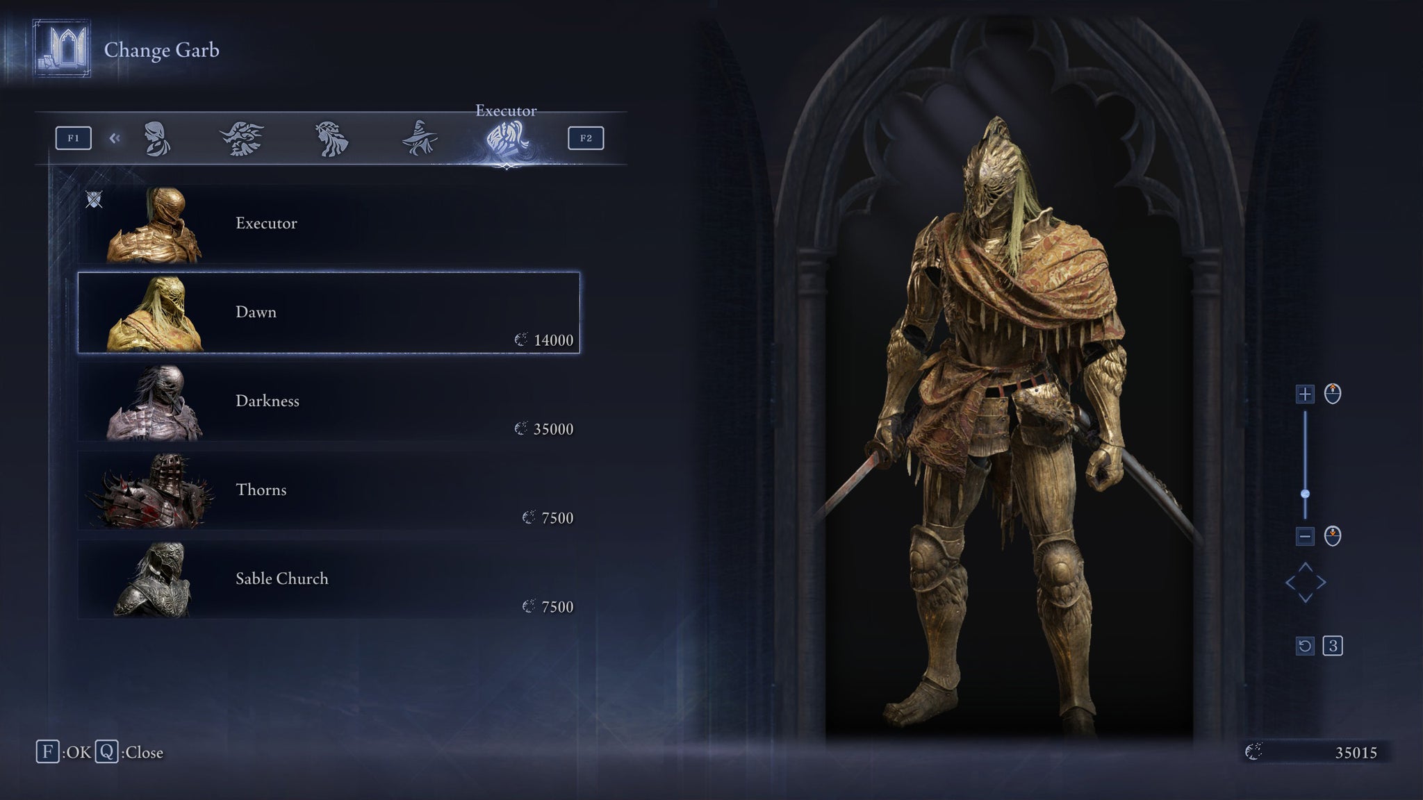 The Change Garb screen in Elden Ring: Nightreign, showing the Dawn skin for the Executor. - 43