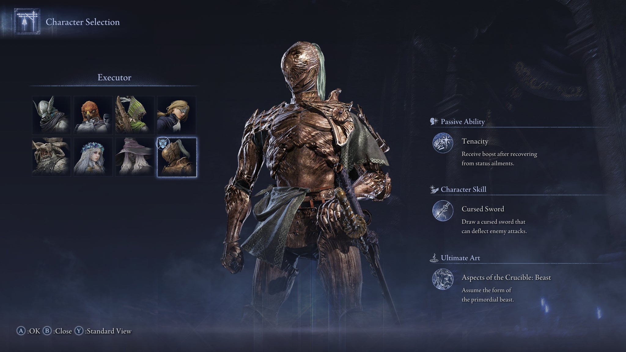 The Elden Ring: Nightreign character selection screen, with the Executor selected and shown posing in the centre of the screen. - 9