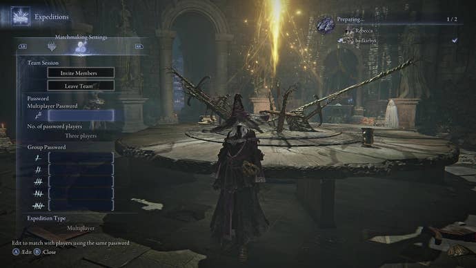 An Elden Ring Nightreign character stands at the Roundtable, with the multiplayer settings option screen shown.