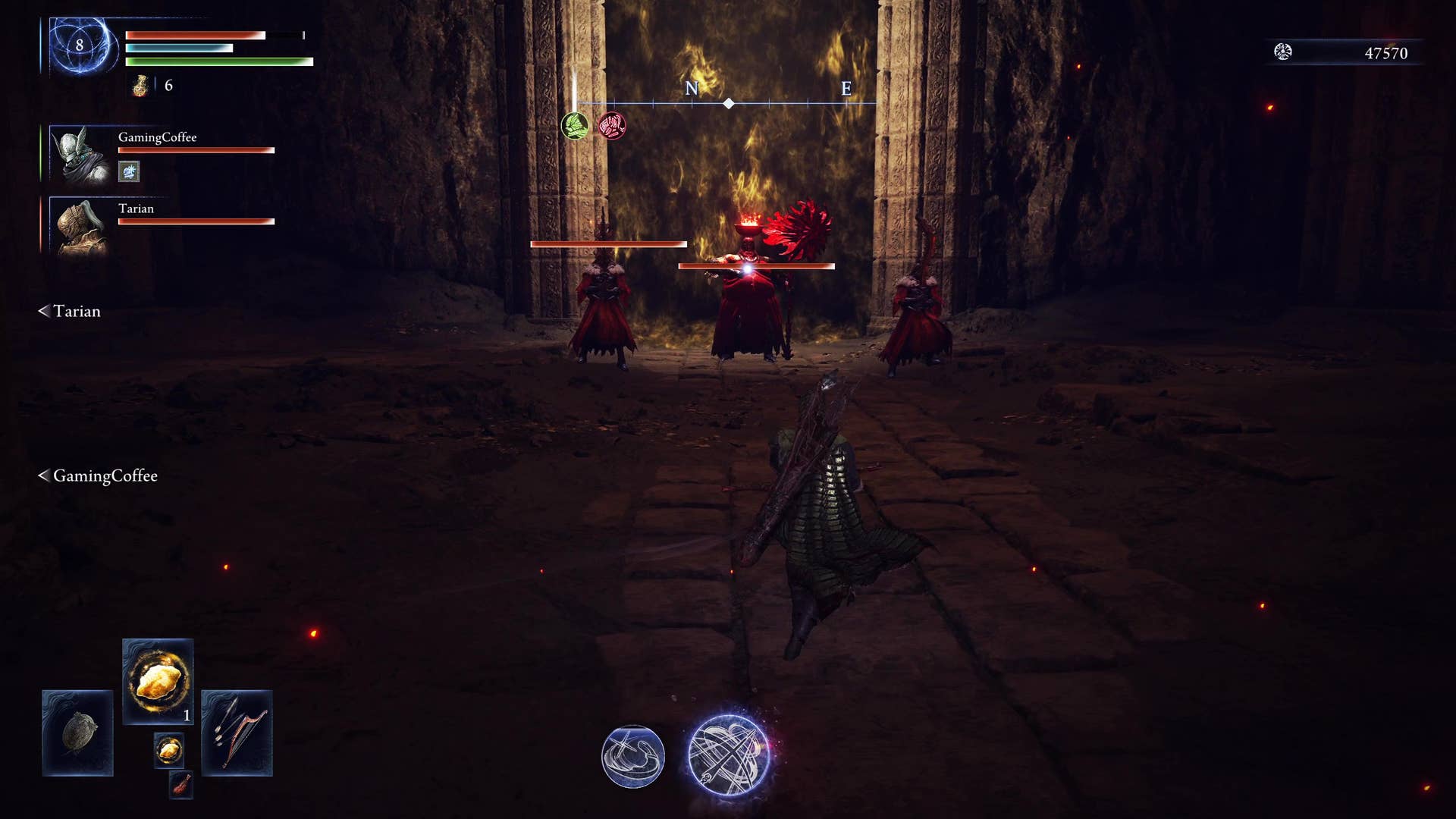 High rank and two fire monks as a boss battle in the crater of Eldenling: Nightreign.