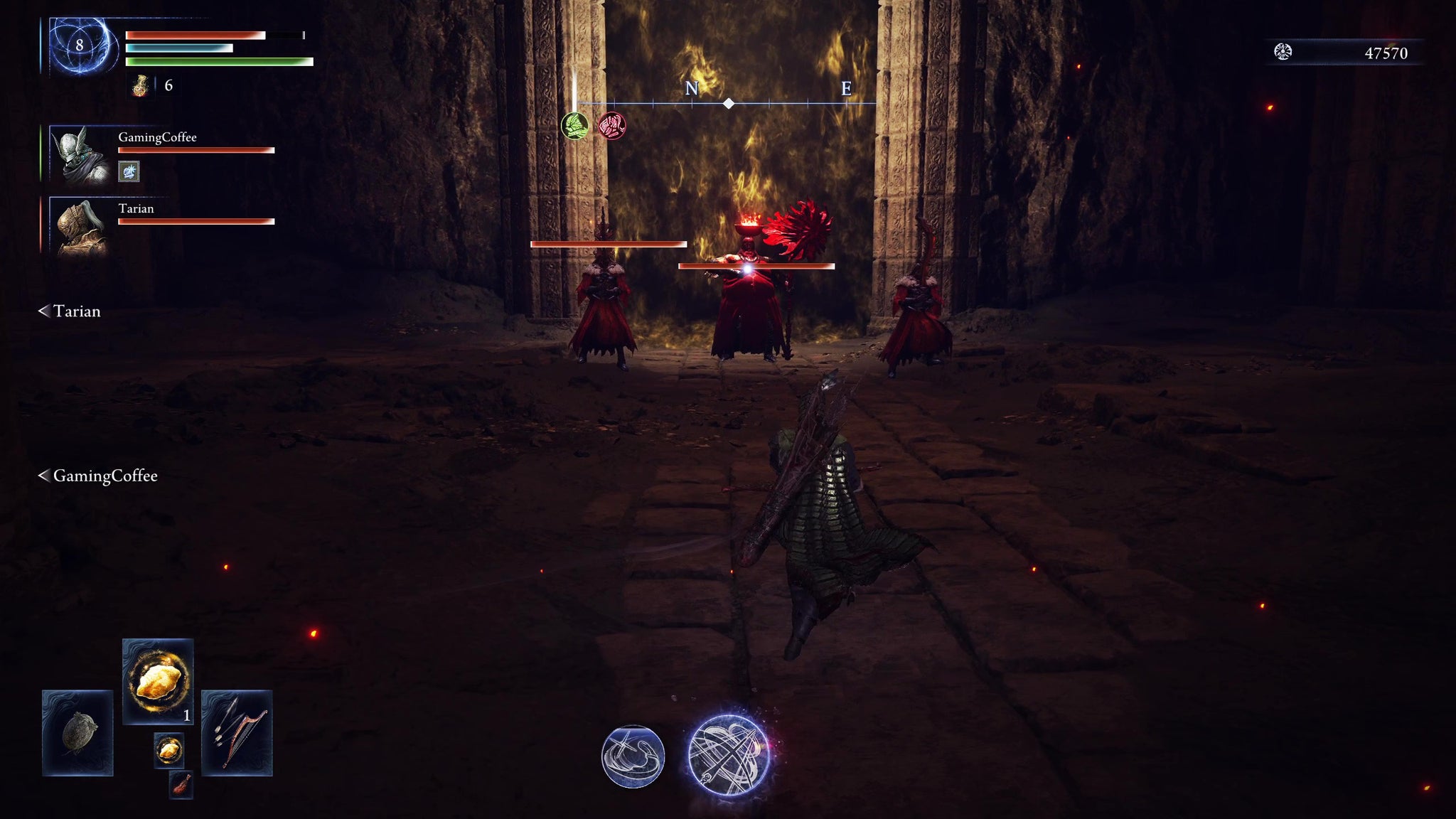 A Fire Prelate and two Fire Monks as a boss fight in the Crater in Elden Ring: Nightreign. - 6