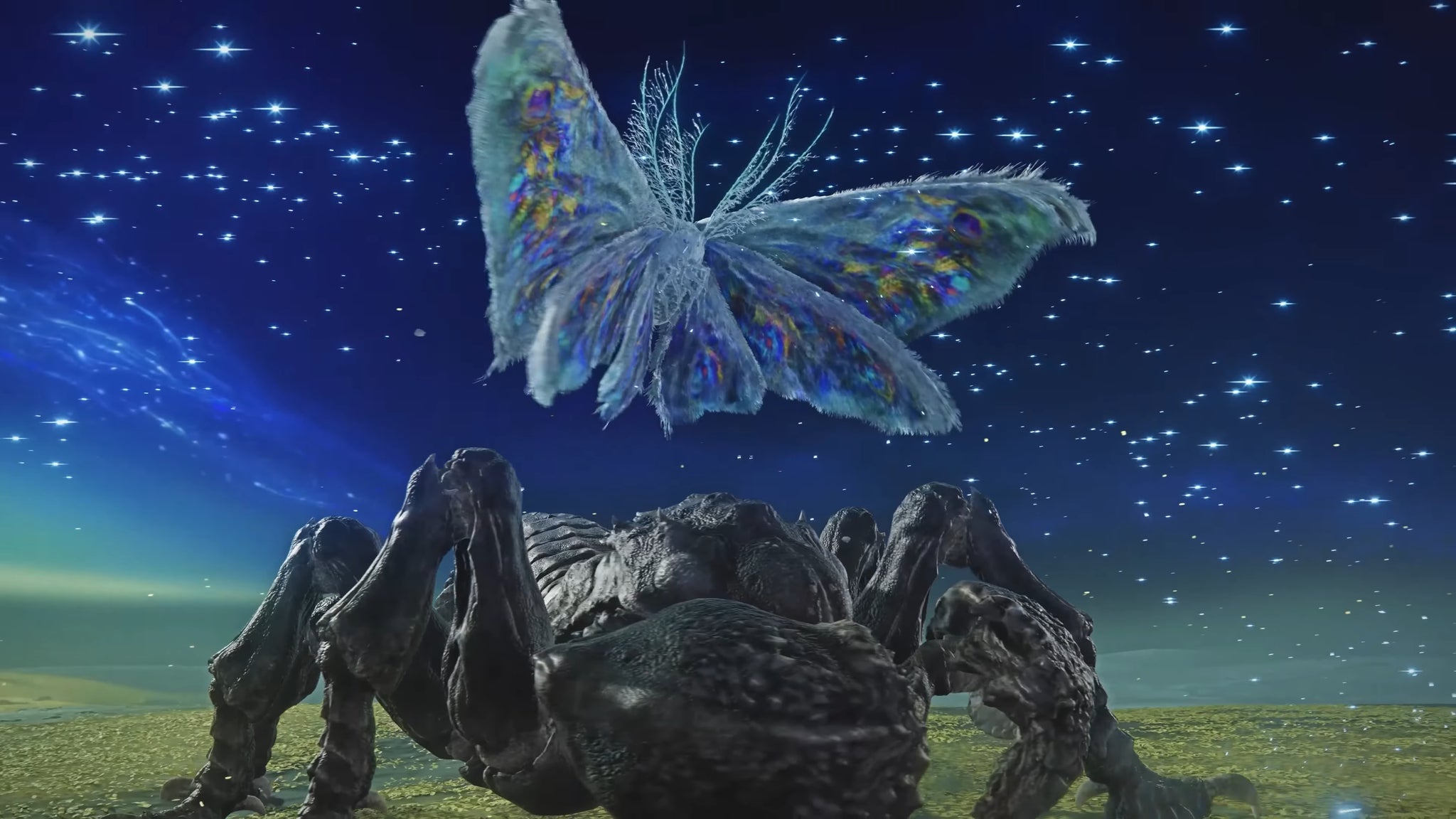 A close-up of Gnoster, a giant moth boss in Elden Ring: Nightreign, floating in the night sky above its companion - a giant black insectoid creature. - 7