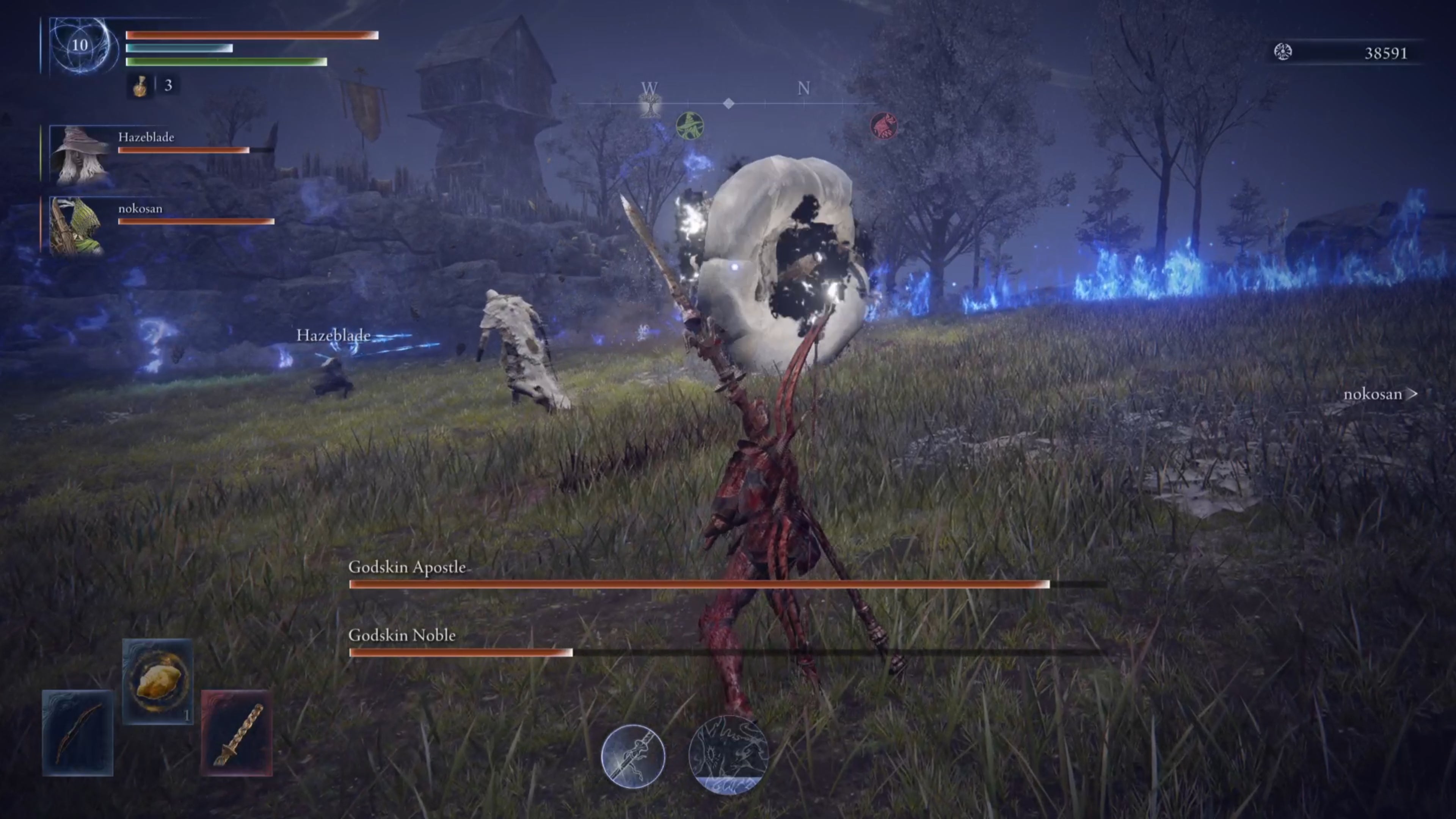 The player in Elden Ring: Nightreign faces a Godskin Duo boss as the final challenge of that day in their Expedition run. - 40