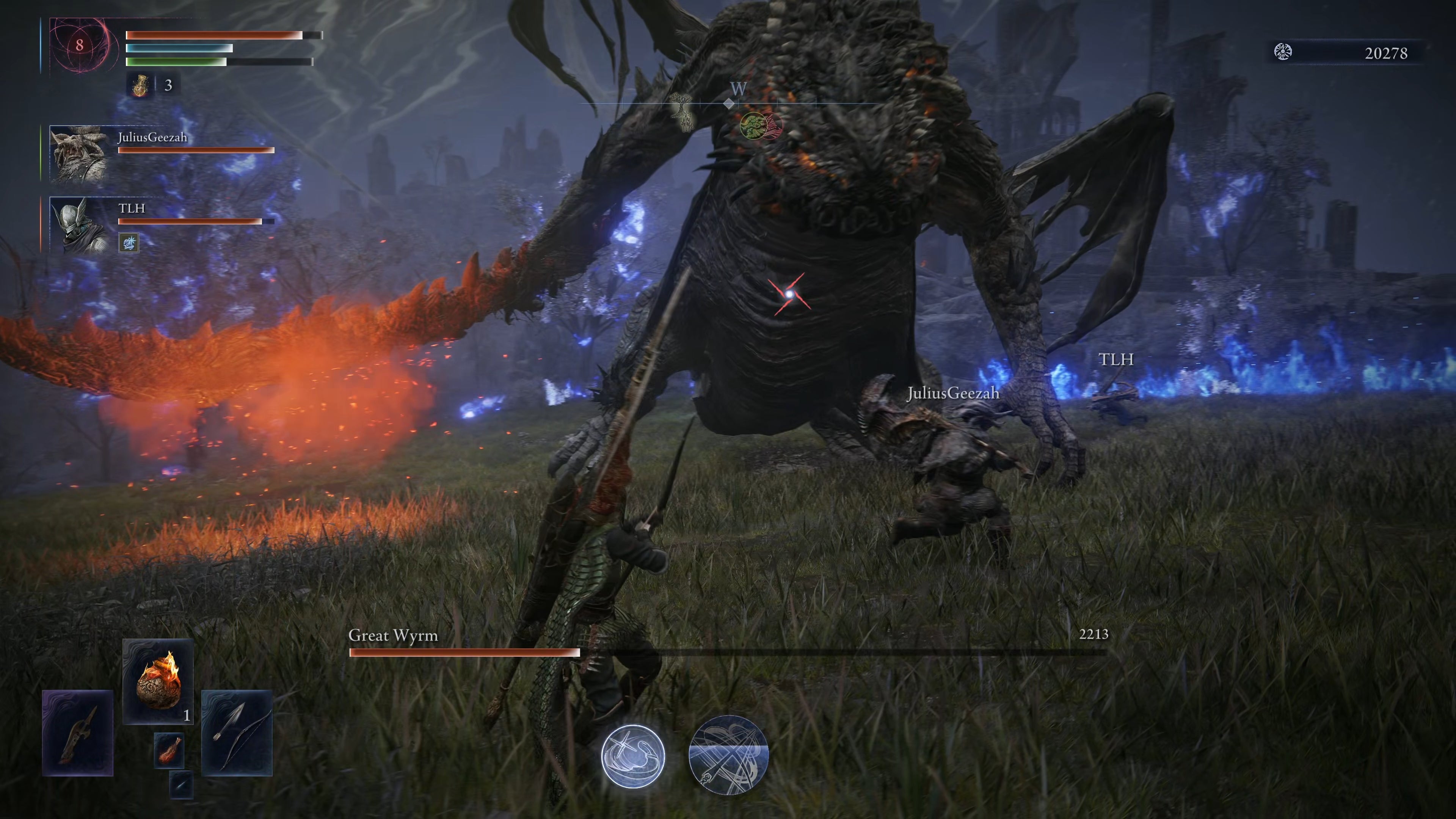 The player in Elden Ring: Nightreign faces a Great Wyrm boss as the final challenge of that day in their Expedition run. - 41