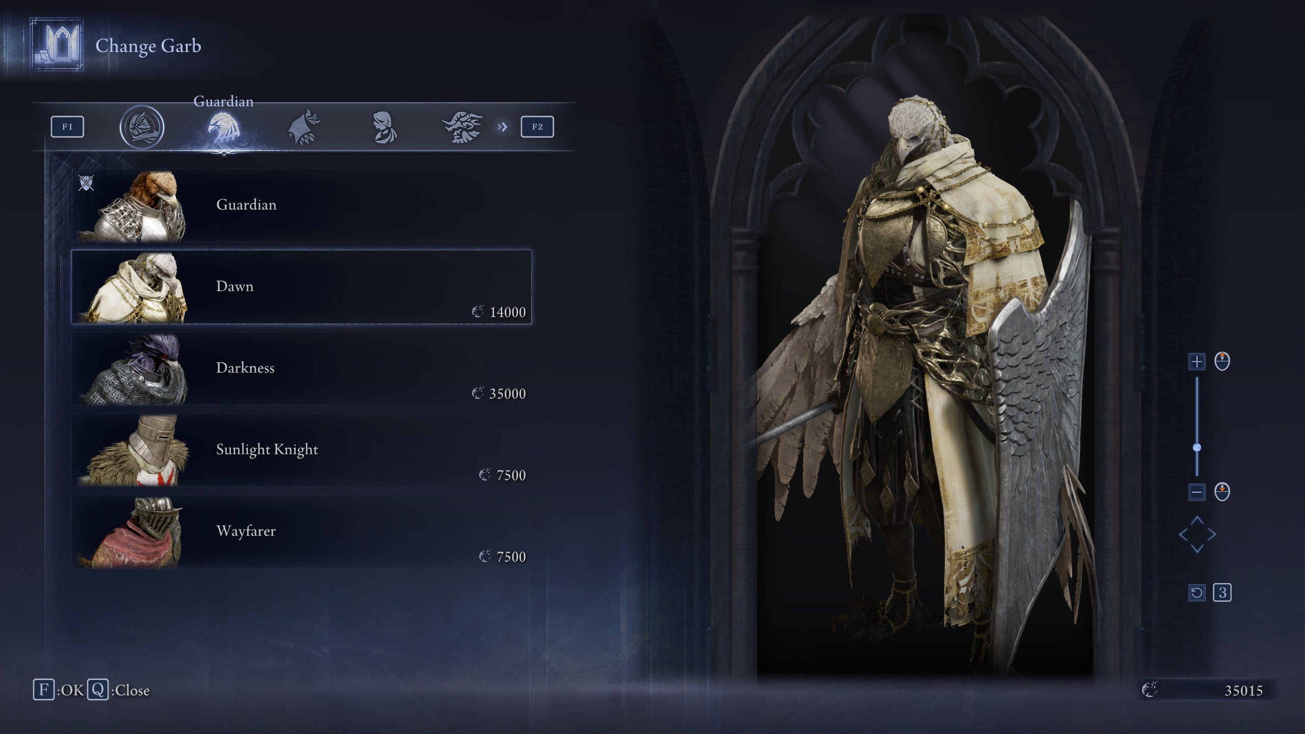 The Change Garb screen in Elden Ring: Nightreign, showing the Dawn skin for the Guardian. - 12