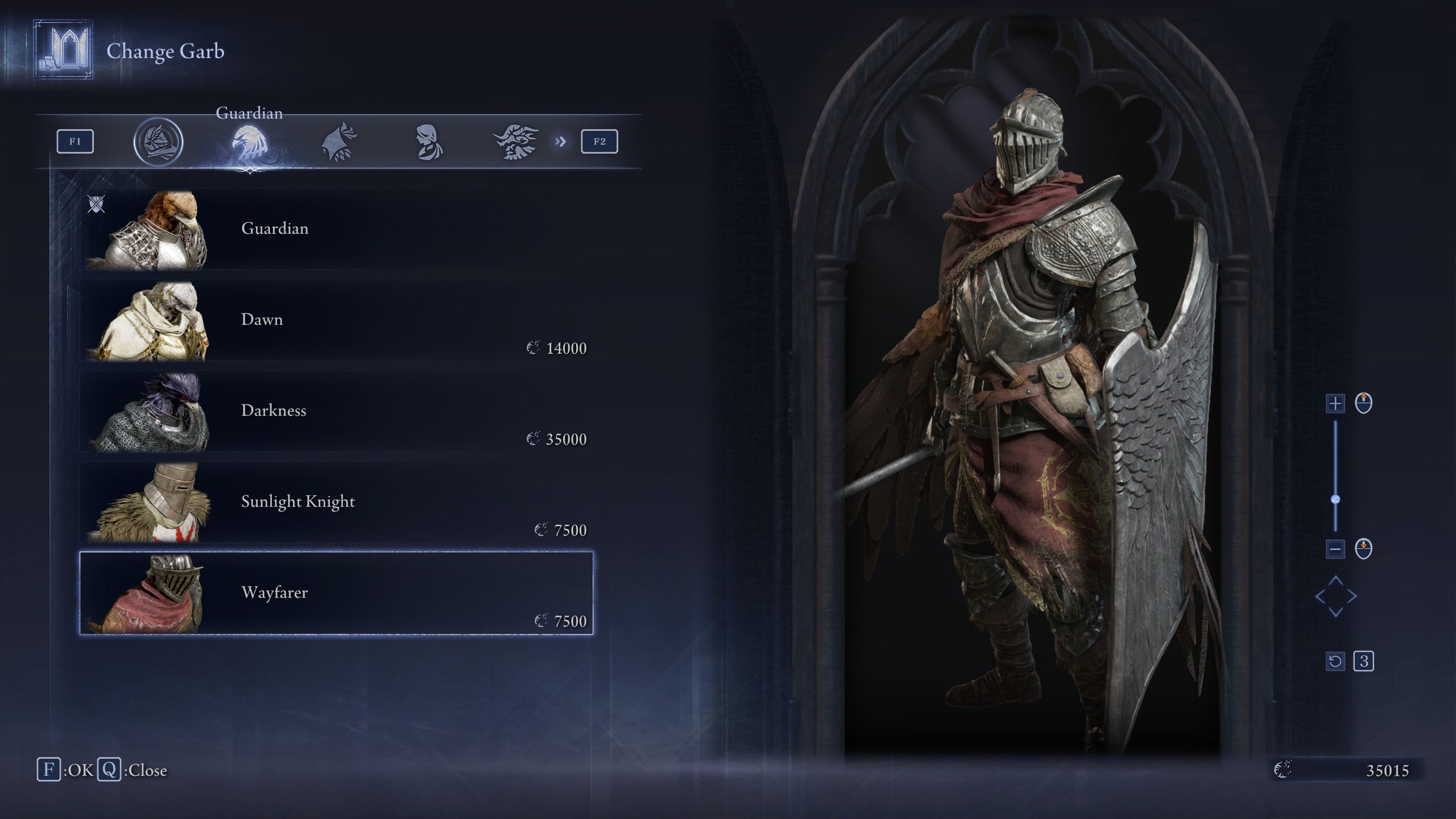 The Change Garb screen in Elden Ring: Nightreign, showing the Wayfarer skin for the Guardian. - 15