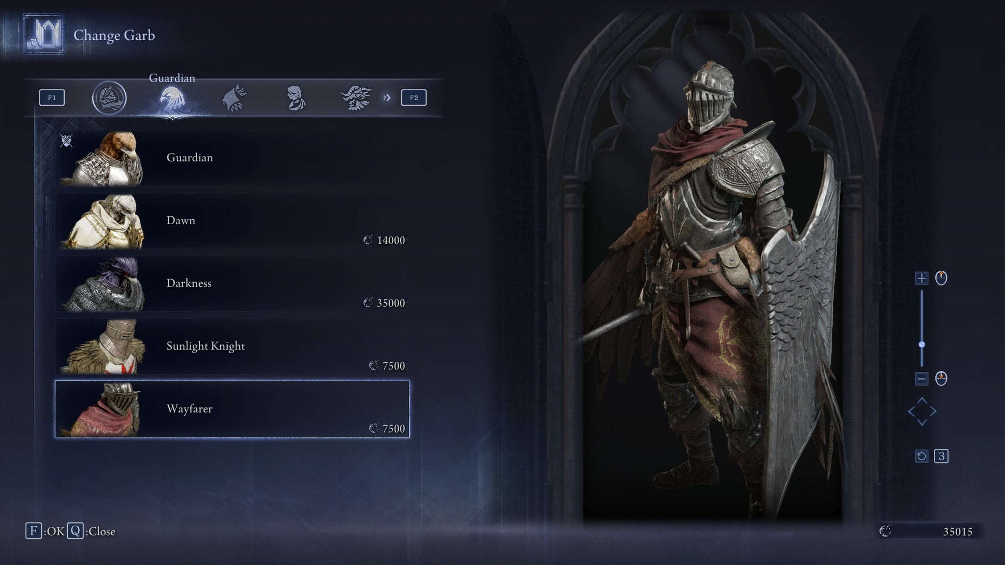The Change Garb screen in Elden Ring: Nightreign, showing the Wayfarer skin for the Guardian. - 15