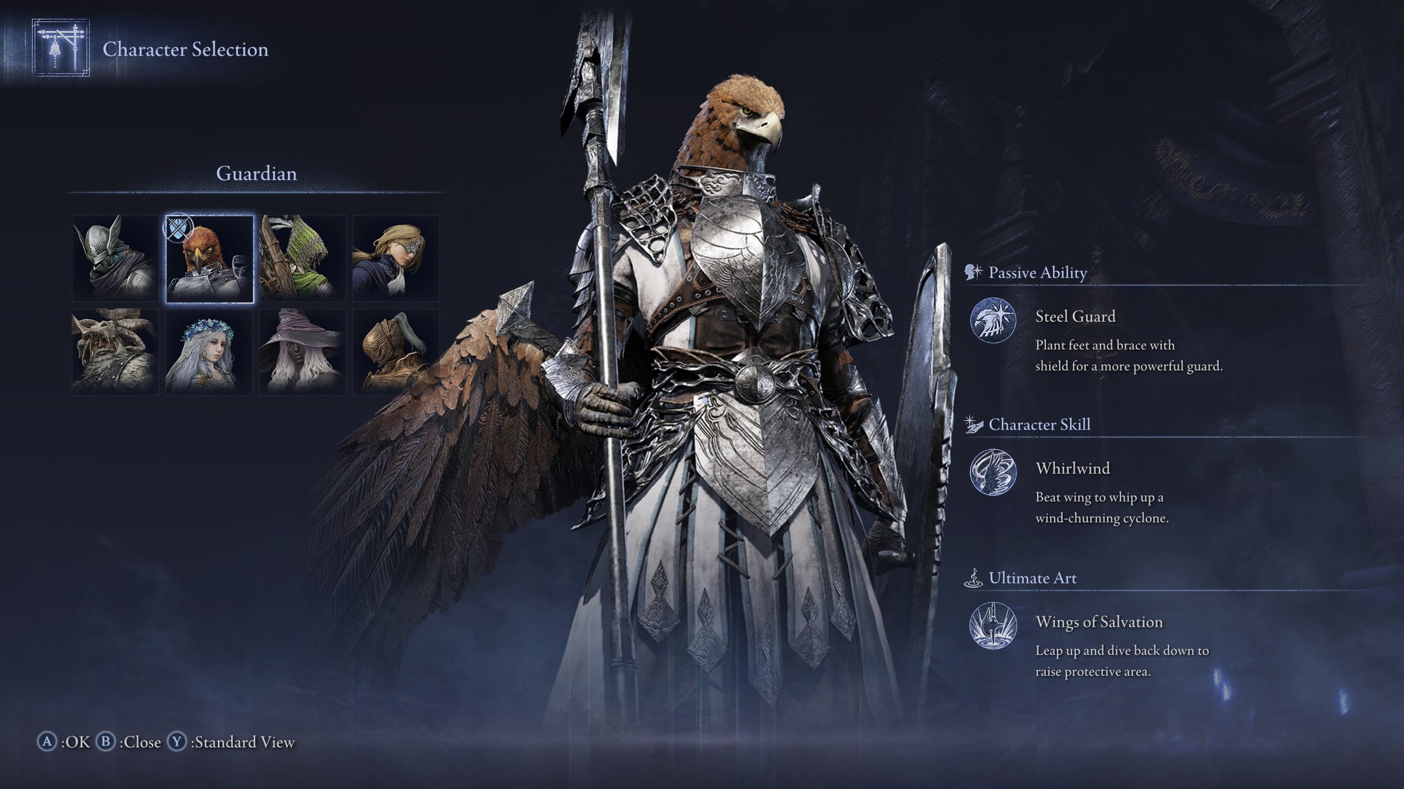 The Elden Ring: Nightreign character selection screen, with the Guardian selected and shown posing in the centre of the screen. - 7