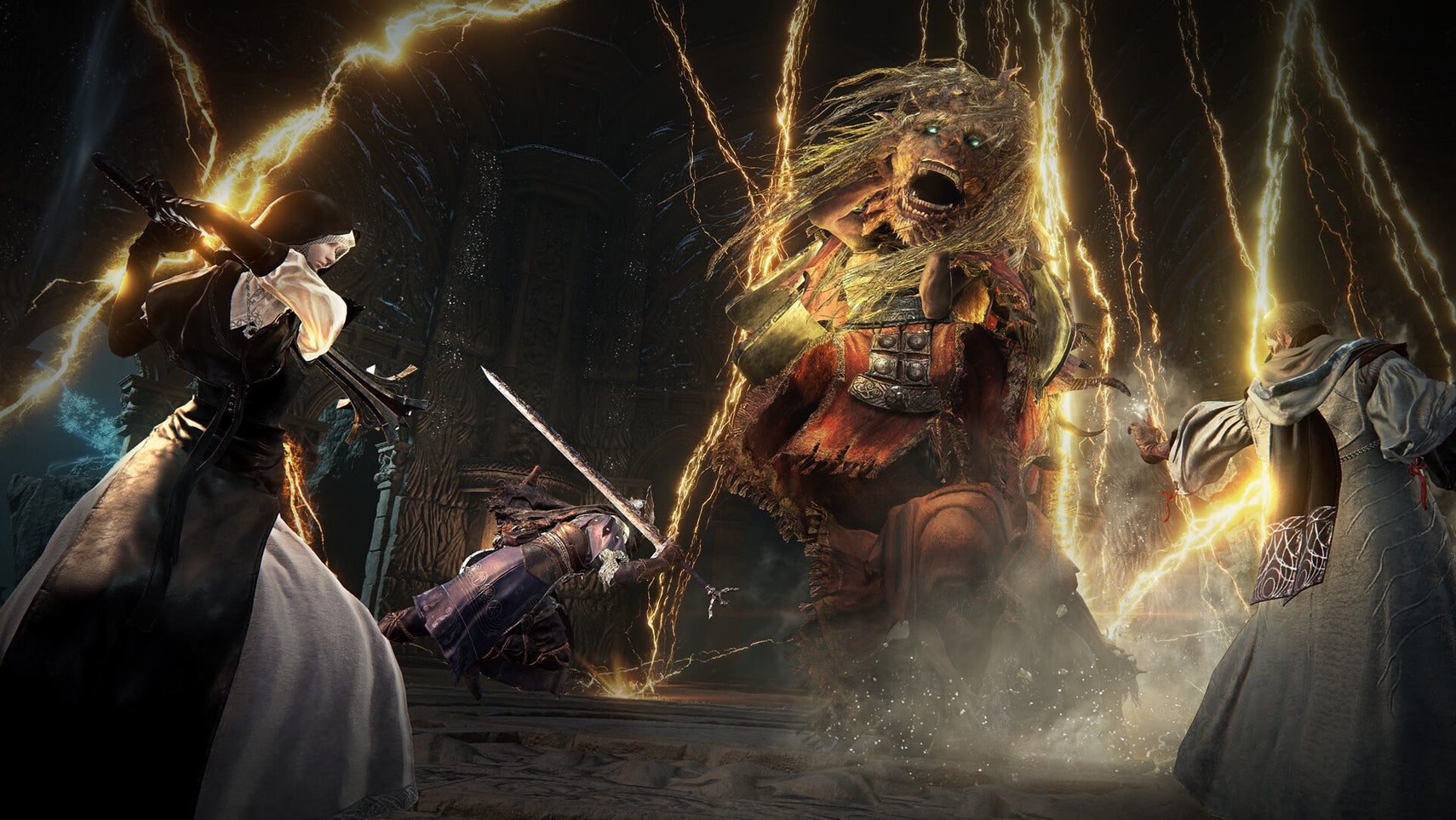 The Forsaken Hollows screenshot showing Undertaker, Scholar, and Wylder battling against the Dancing Lion boss surrounded by lightning