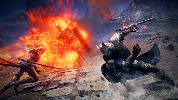 Two sword-wielding quality characters warring a fiery force successful Elden Ring Nightreign