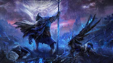 Elden Ring Nightreign artwork showing main hero holding a staff in the rain surrounded by downed heroes