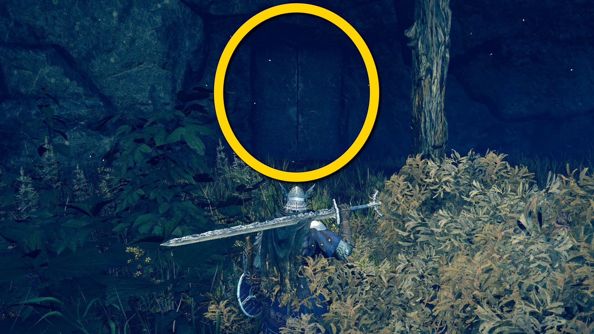 The player in Elden Ring: Nightreign, playing as the Wylder, stands in front of a hidden stone door build into the side of a cliff. - 5