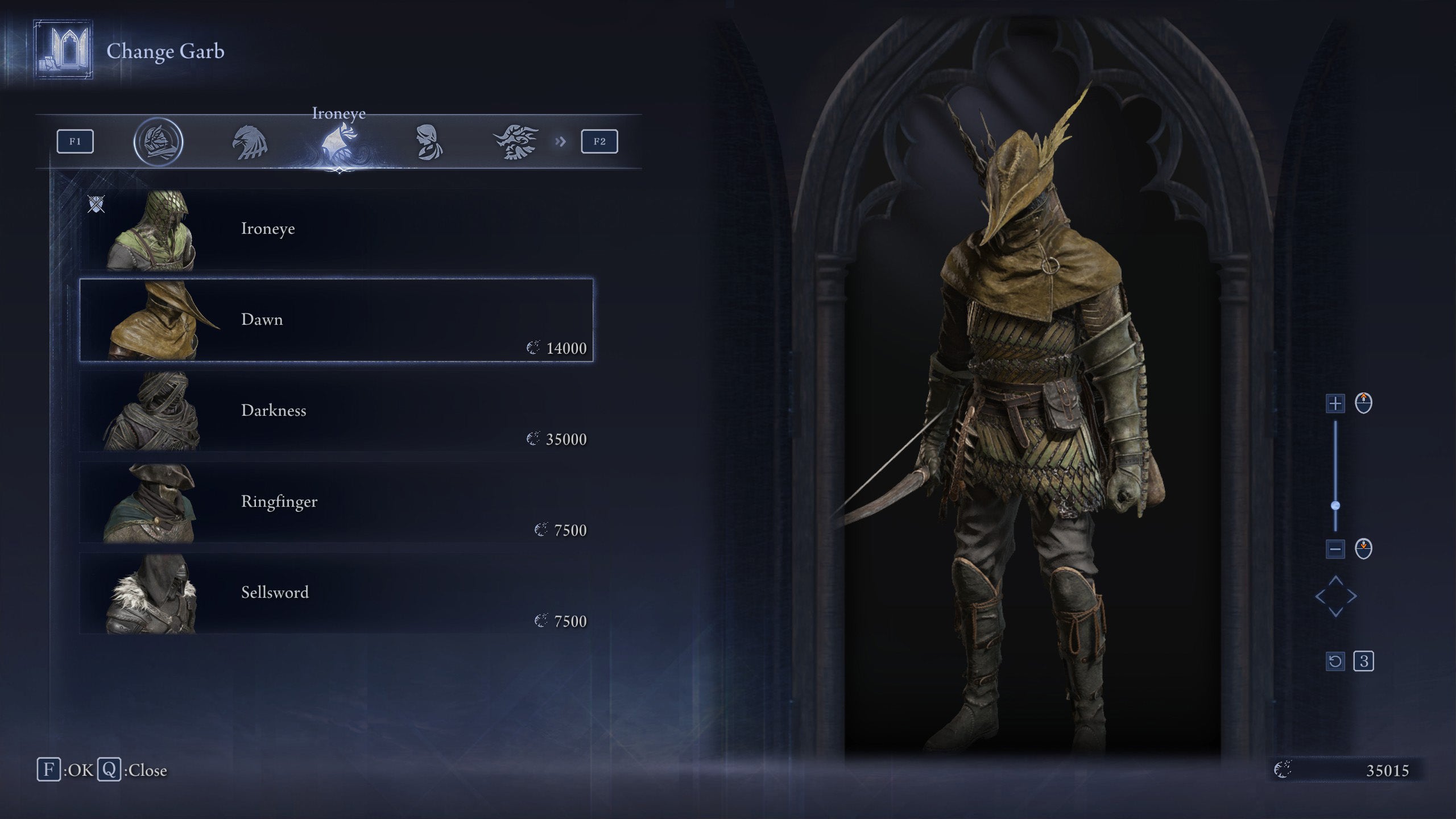 The Change Garb screen in Elden Ring: Nightreign, showing the Dawn skin for the Ironeye. - 17