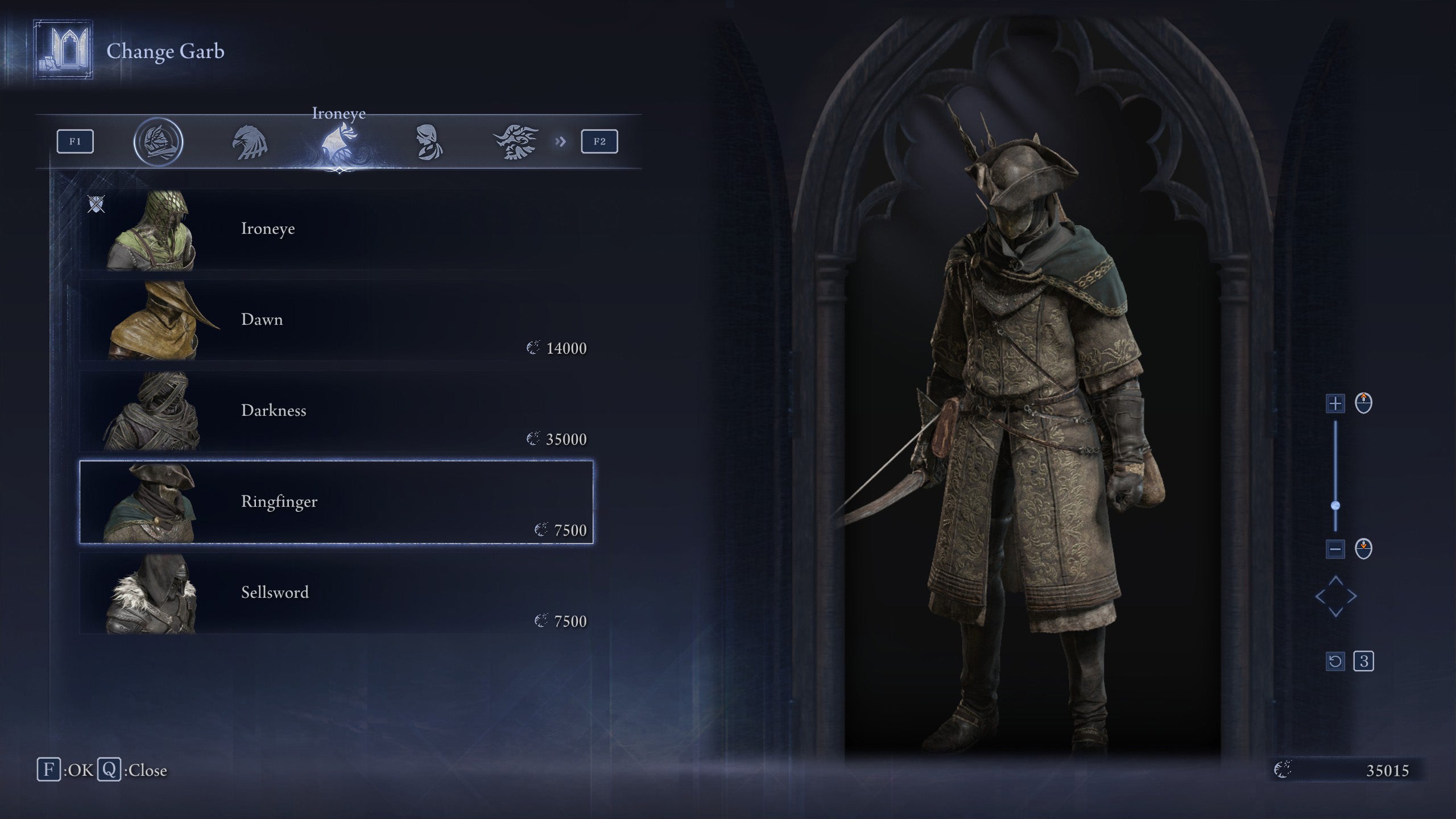 The Change Garb screen in Elden Ring: Nightreign, showing the Ringfinger skin for the Ironeye. - 19