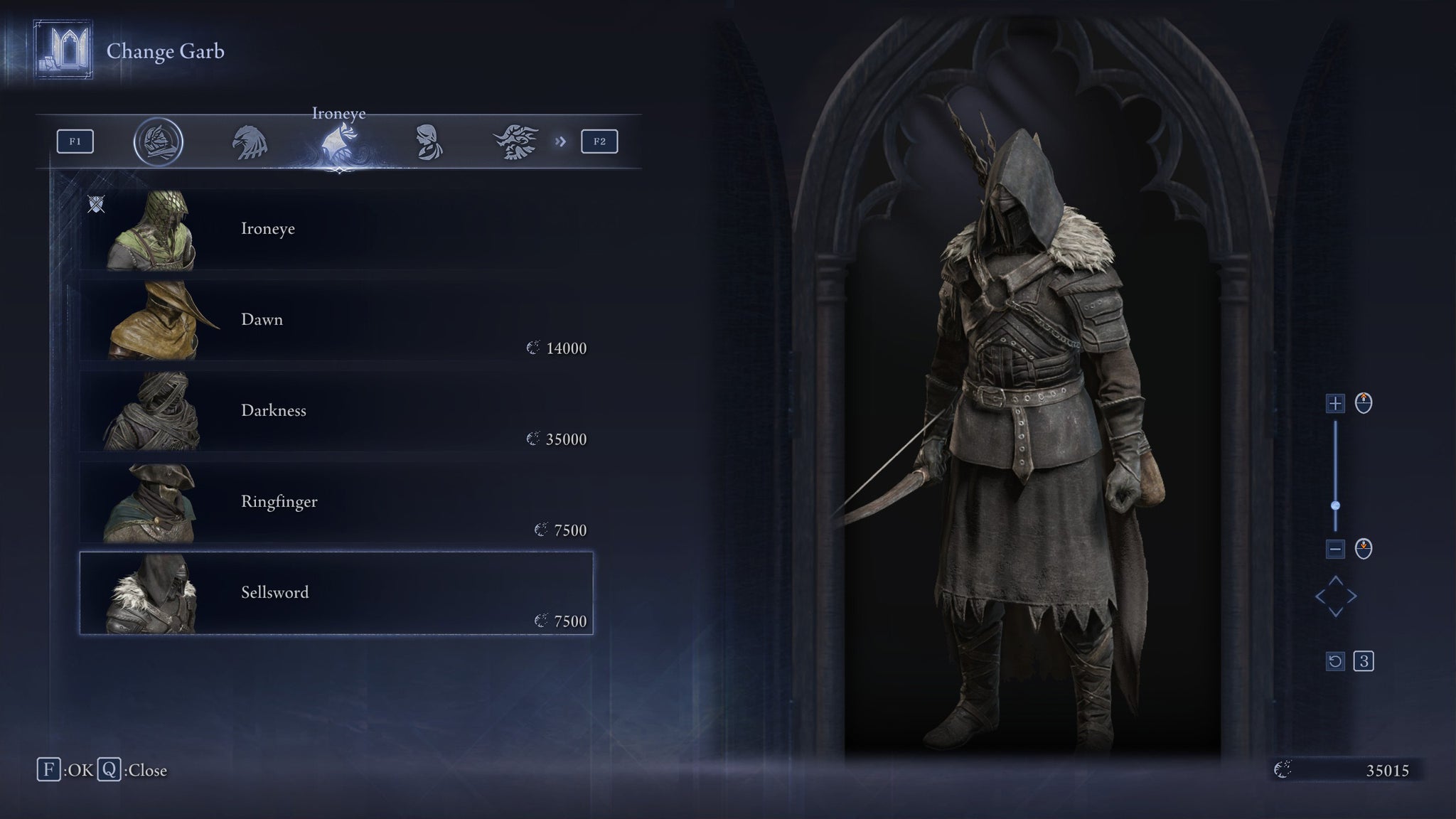 The Change Garb screen in Elden Ring: Nightreign, showing the Sellsword skin for the Ironeye. - 20