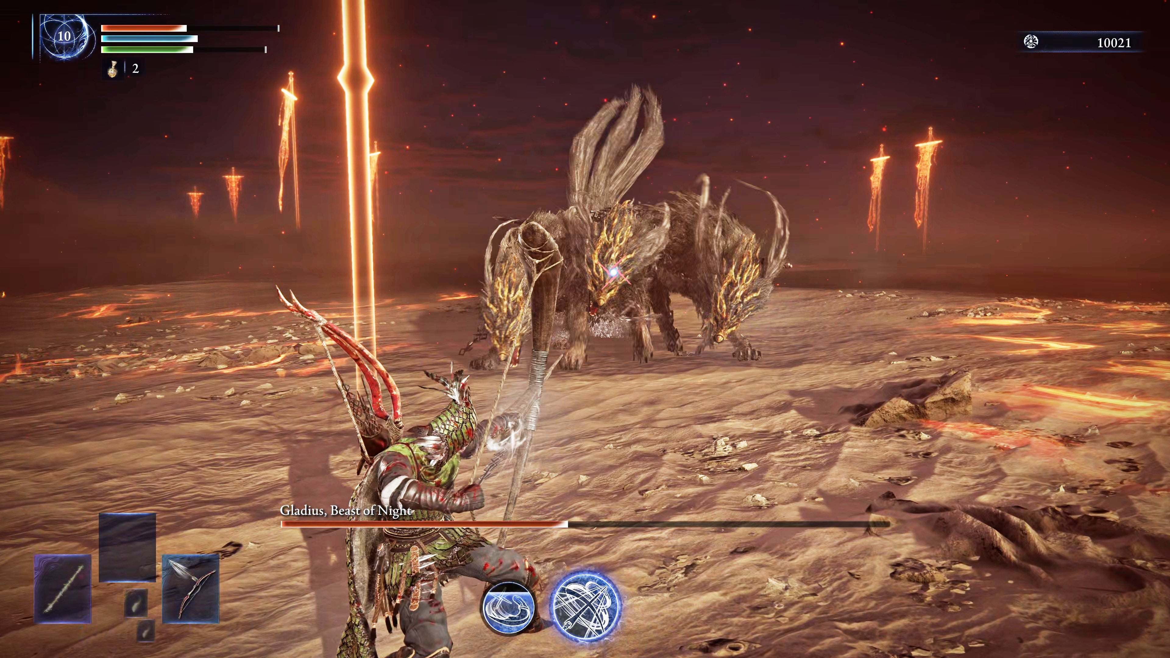 Ironeye, a ranged character in Elden Ring: Nightreign, winds up a powerful Single Shot ability at Gladius, a three-headed dog boss. - 8