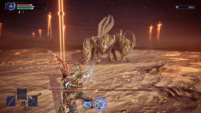 Ironeye, un personaje a distancia en Elden Ring: Nightreign, termina una poderosa habilidad de disparo en Gladius, un jefe de perros de tres cabezas.