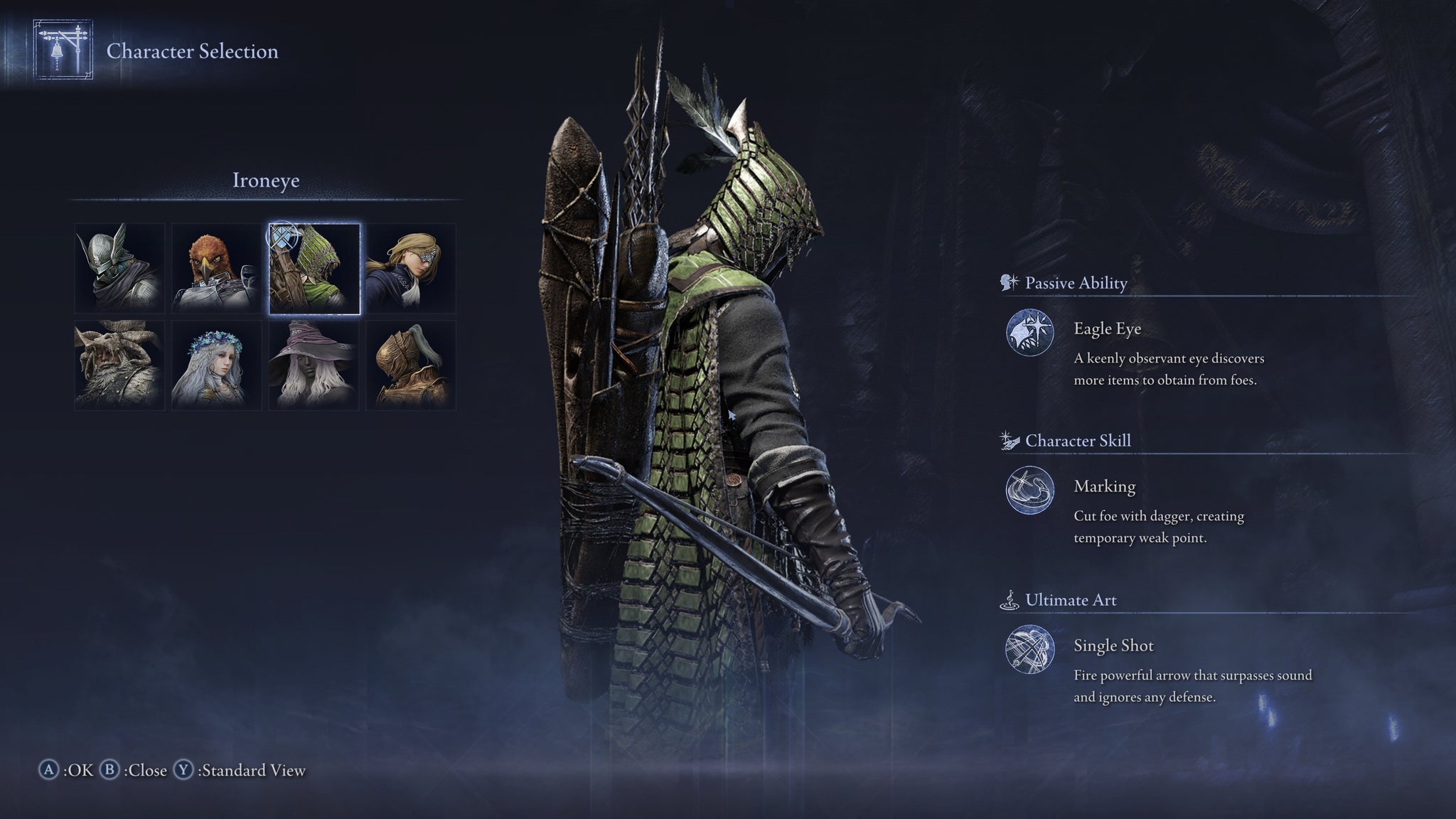 The Elden Ring: Nightreign character selection screen, with the Ironeye selected and shown posing in the centre of the screen. - 5