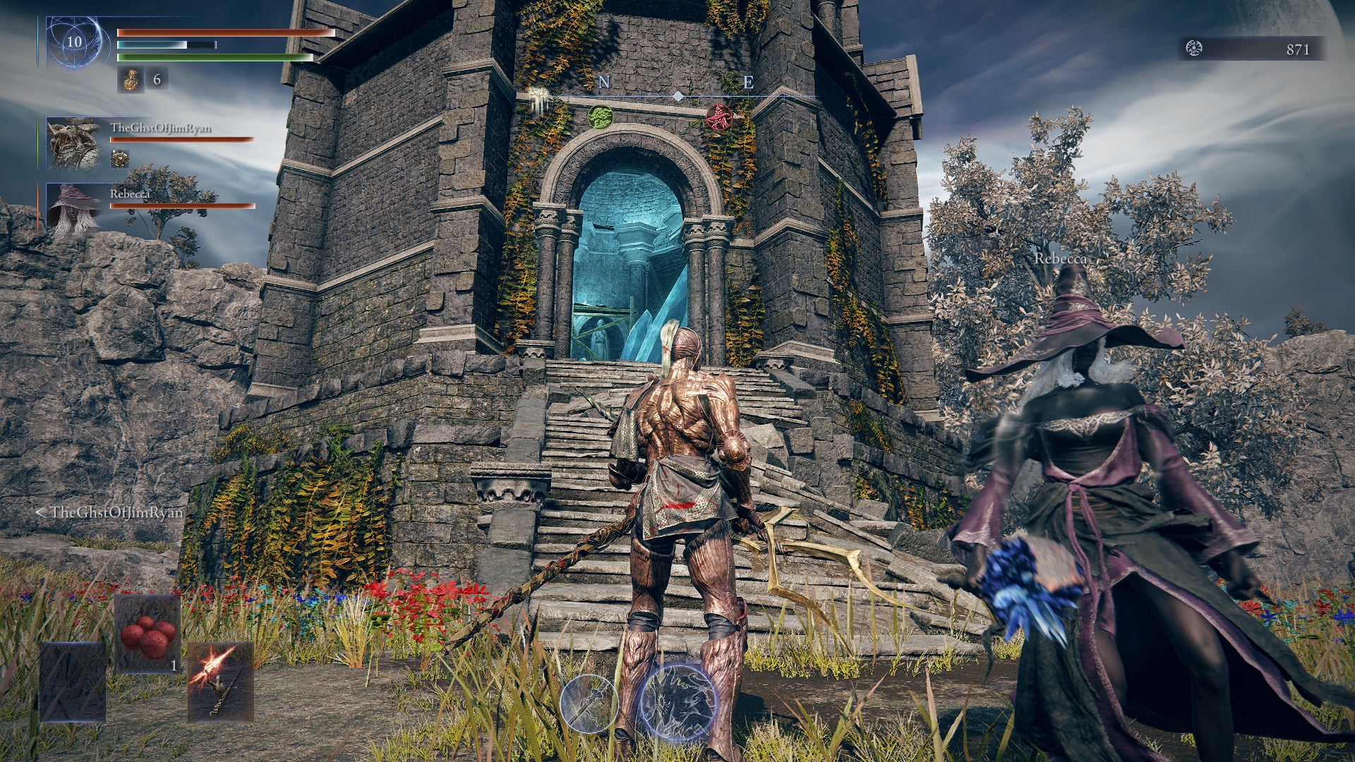 A pair of Nightreign characters stand at the bottom of the steps into a Mage Tower and look up towards the blue glow coming from the doorway. - 1