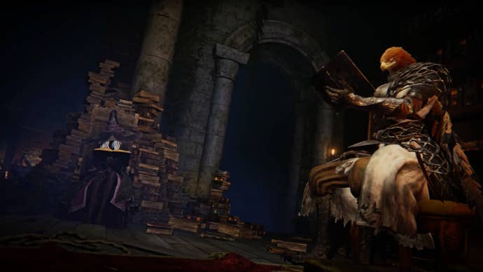 Elden Ring's Guardian speechmaking a book.