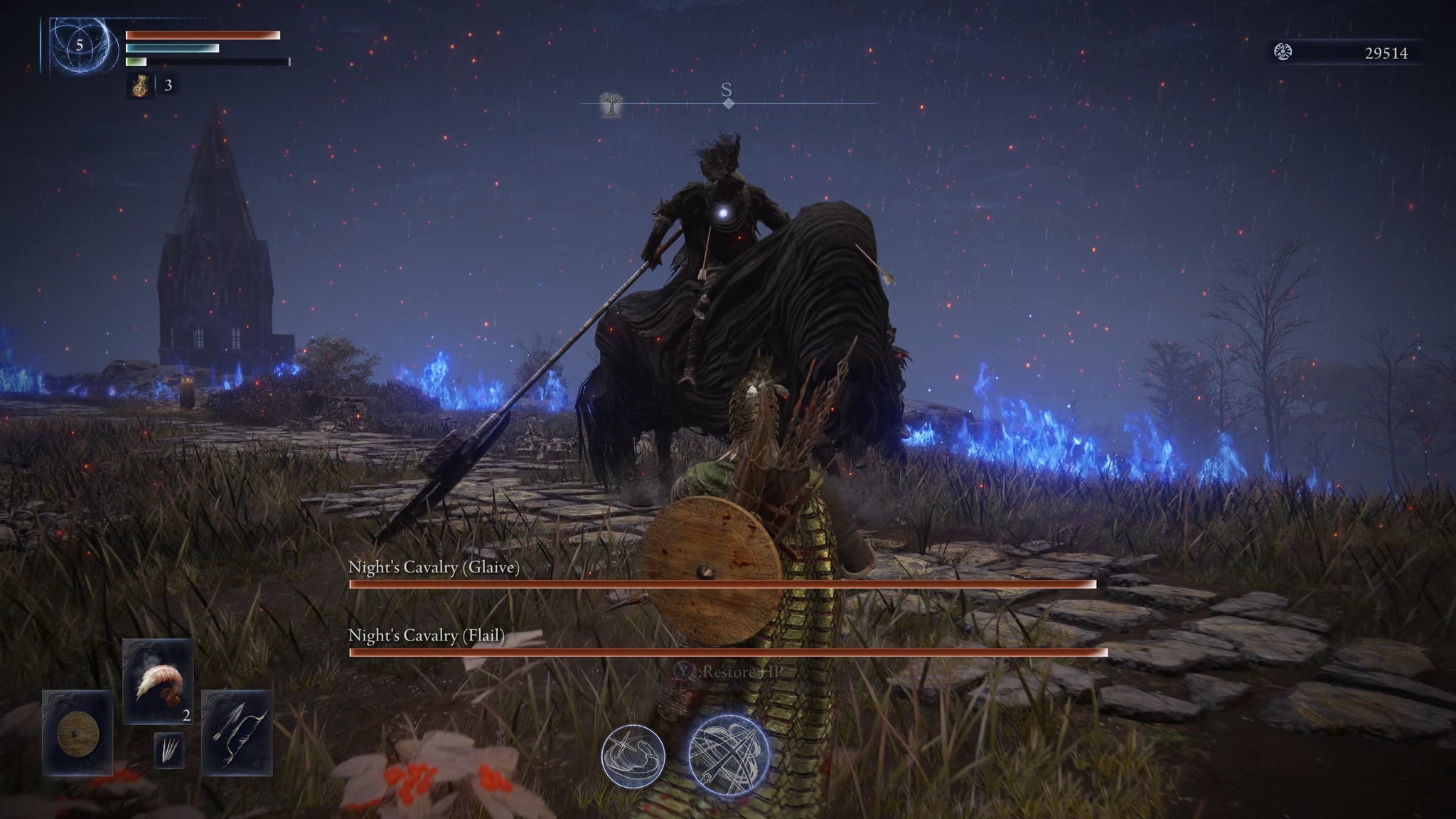 The player in Elden Ring: Nightreign faces a Night's Cavalry boss as the final challenge of that day in their Expedition run. - 20