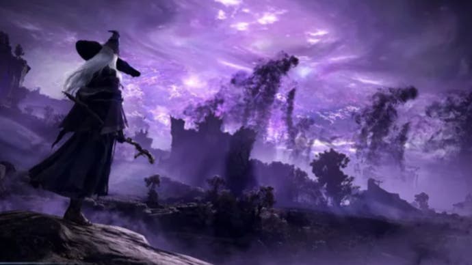 elden ring nightreign promo art purple background with a person in a hat in the foreground