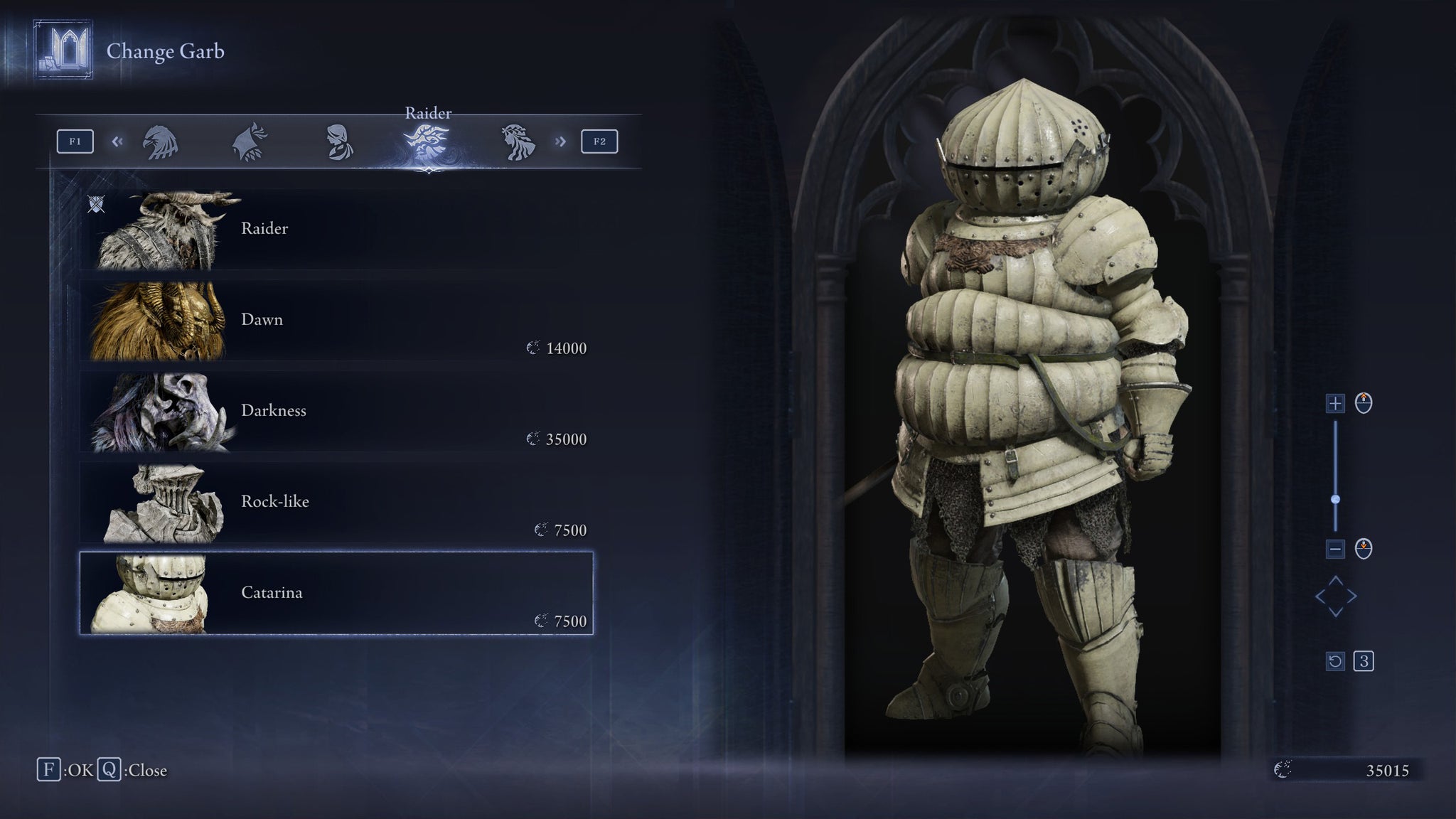 The Change Garb screen in Elden Ring: Nightreign, showing the Catarina skin for the Raider. - 31