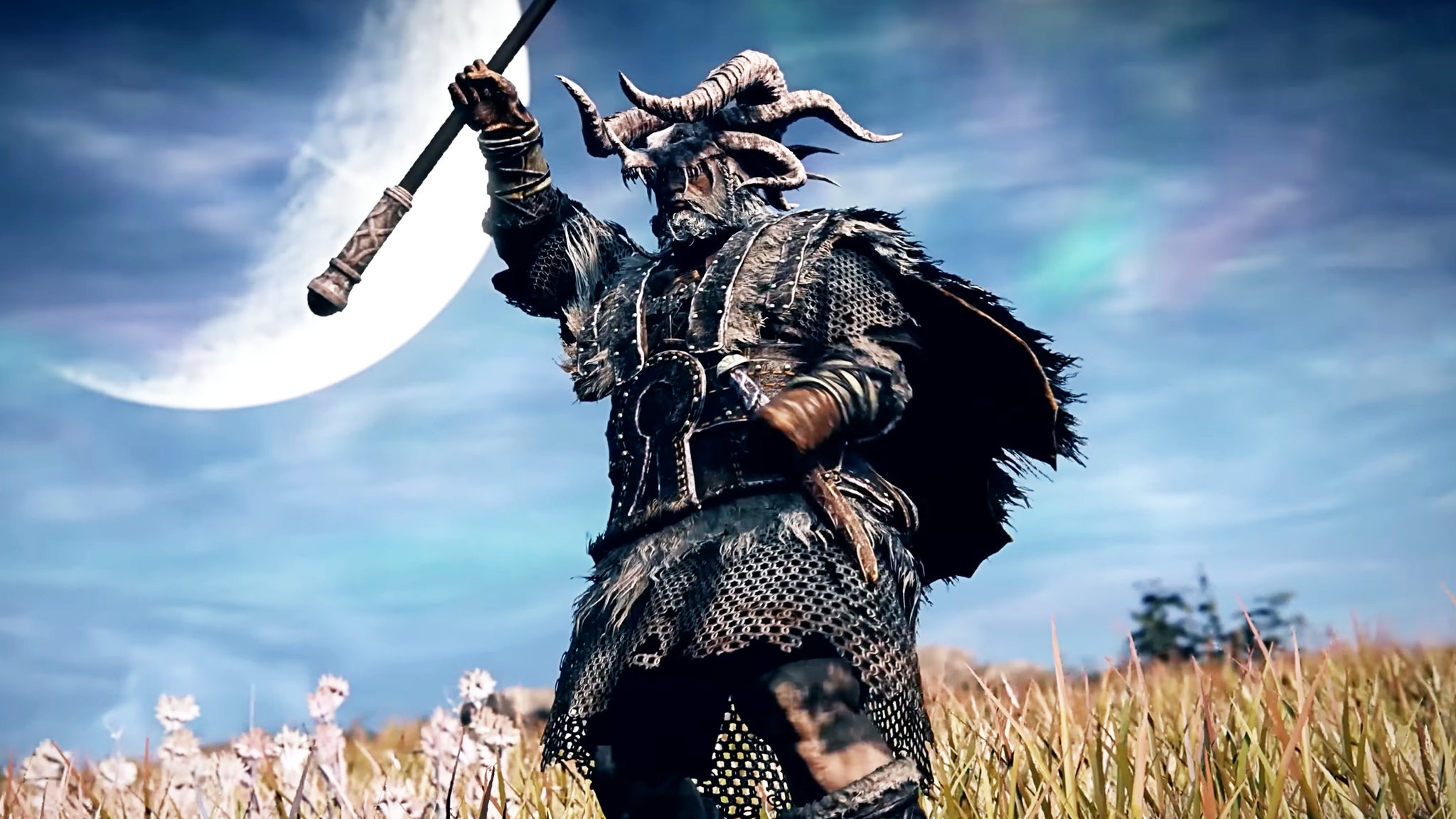 Raider, a character in Elden Ring: Nightreign, poses in a field at night while holding aloft his greataxe with one hand. - 6