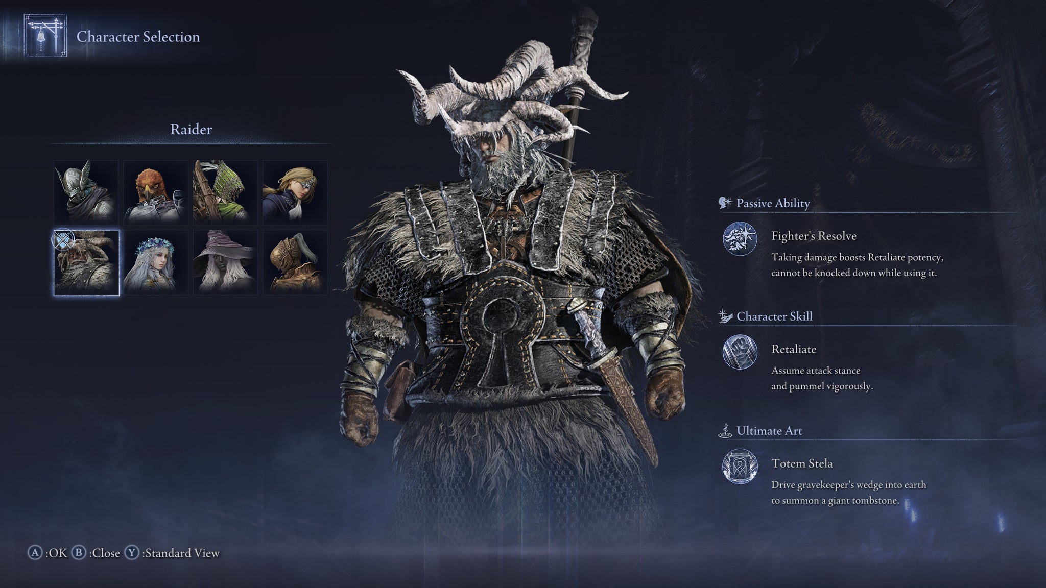 The Elden Ring: Nightreign character selection screen, with the Raider selected and shown posing in the centre of the screen. - 7