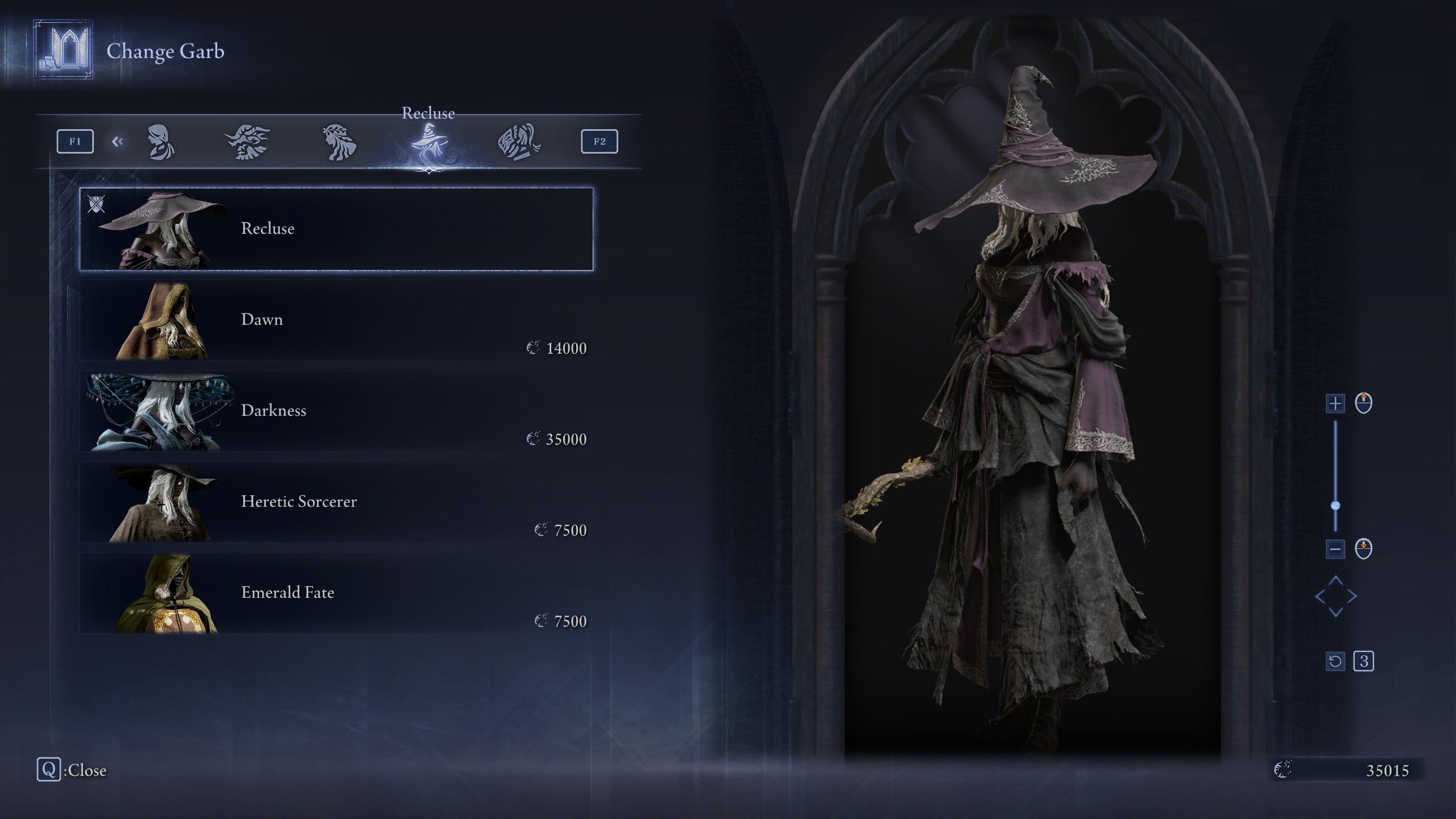 The Change Garb screen in Elden Ring: Nightreign, showing the Default skin for the Recluse. - 37