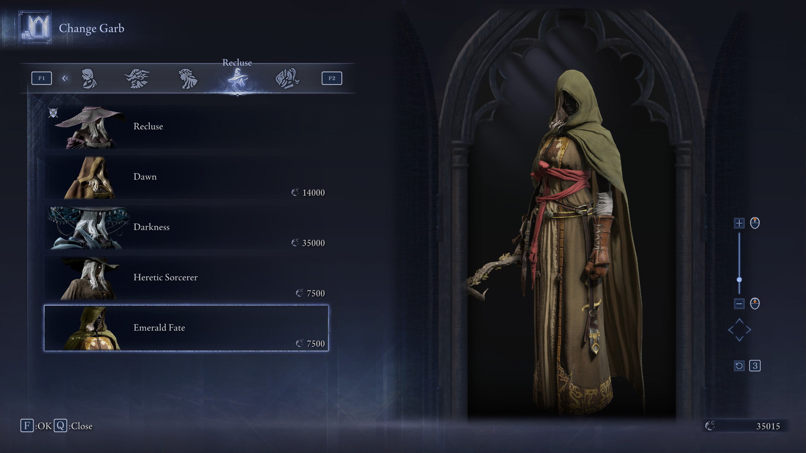 The Change Garb screen in Elden Ring: Nightreign, showing the Emerald Fate skin for the Recluse. - 41
