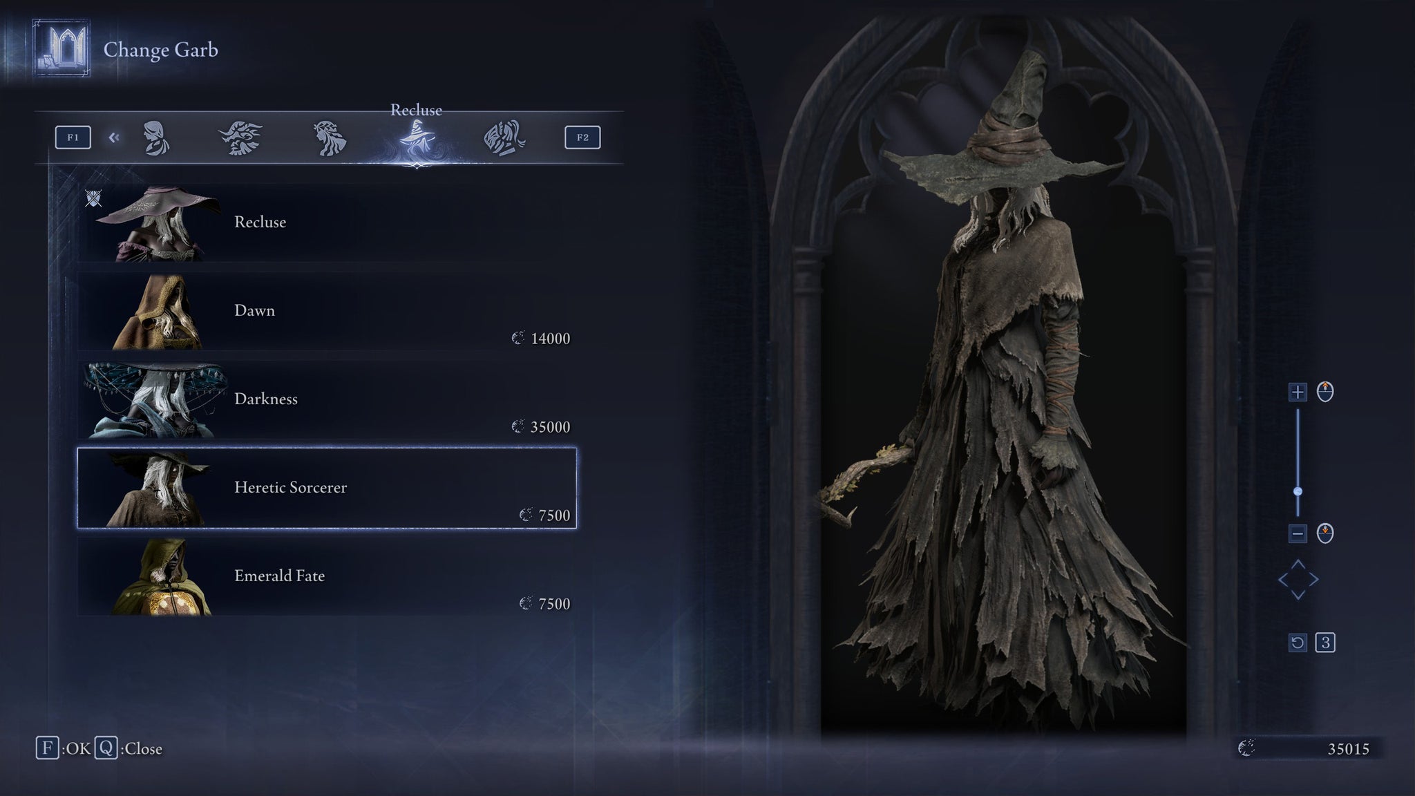 The Change Garb screen in Elden Ring: Nightreign, showing the Heretic Sorcerer skin for the Recluse. - 40