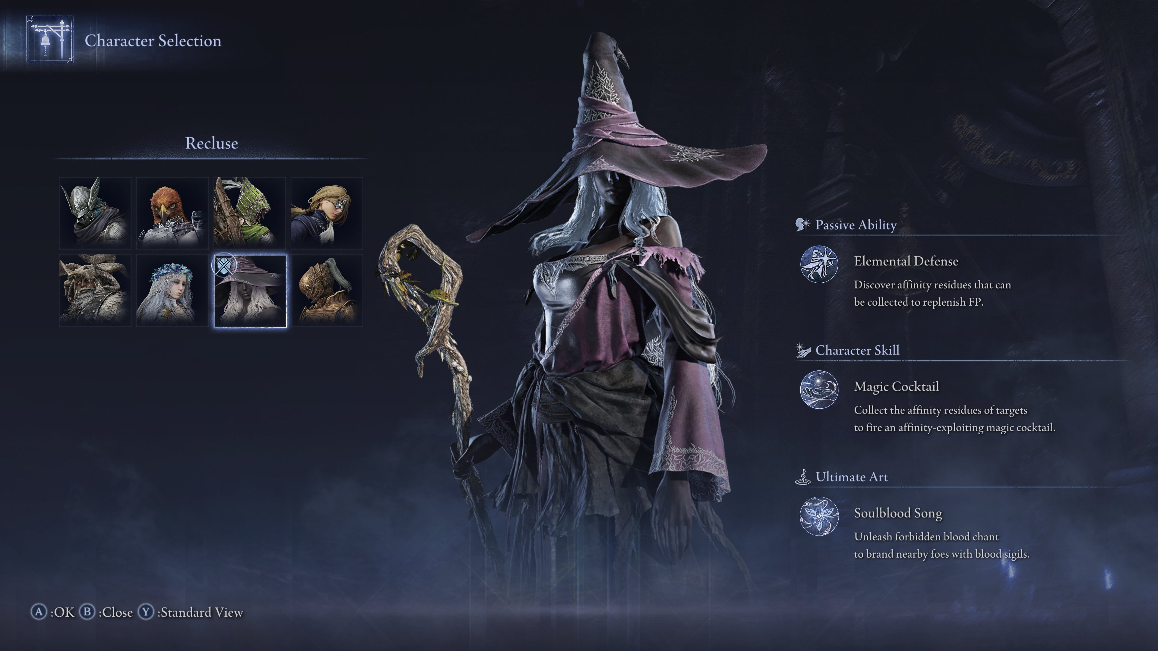 The Elden Ring: Nightreign character selection screen, with the Recluse selected and shown posing in the centre of the screen. - 9