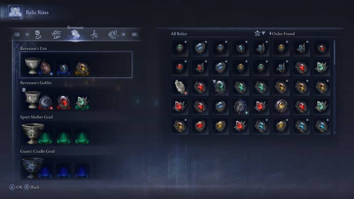 A menu screen in Elden Ring Nightreign displays a variety of loadout options for the Recluse character.