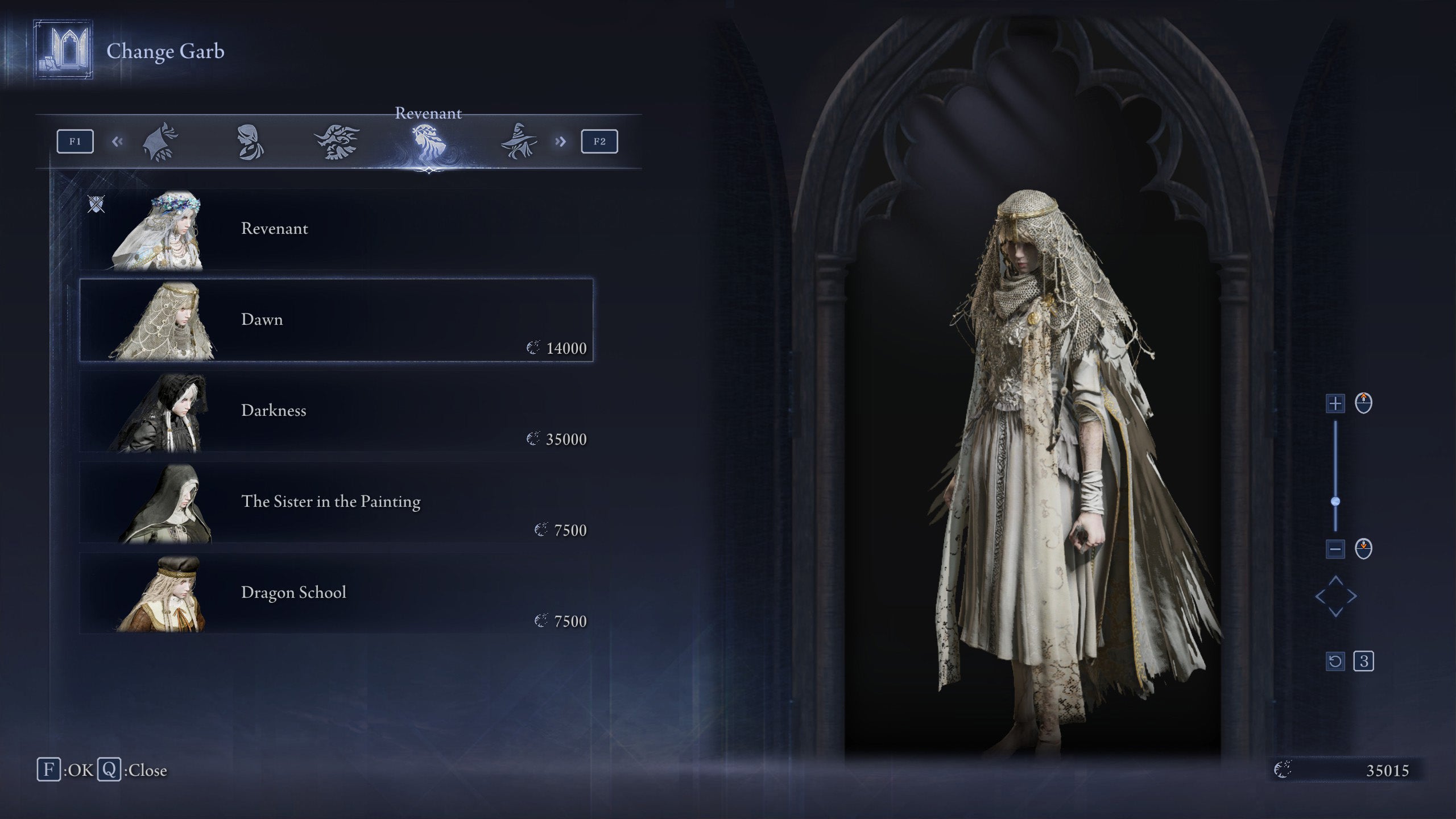 The Change Garb screen in Elden Ring: Nightreign, showing the Dawn skin for the Revenant. - 33