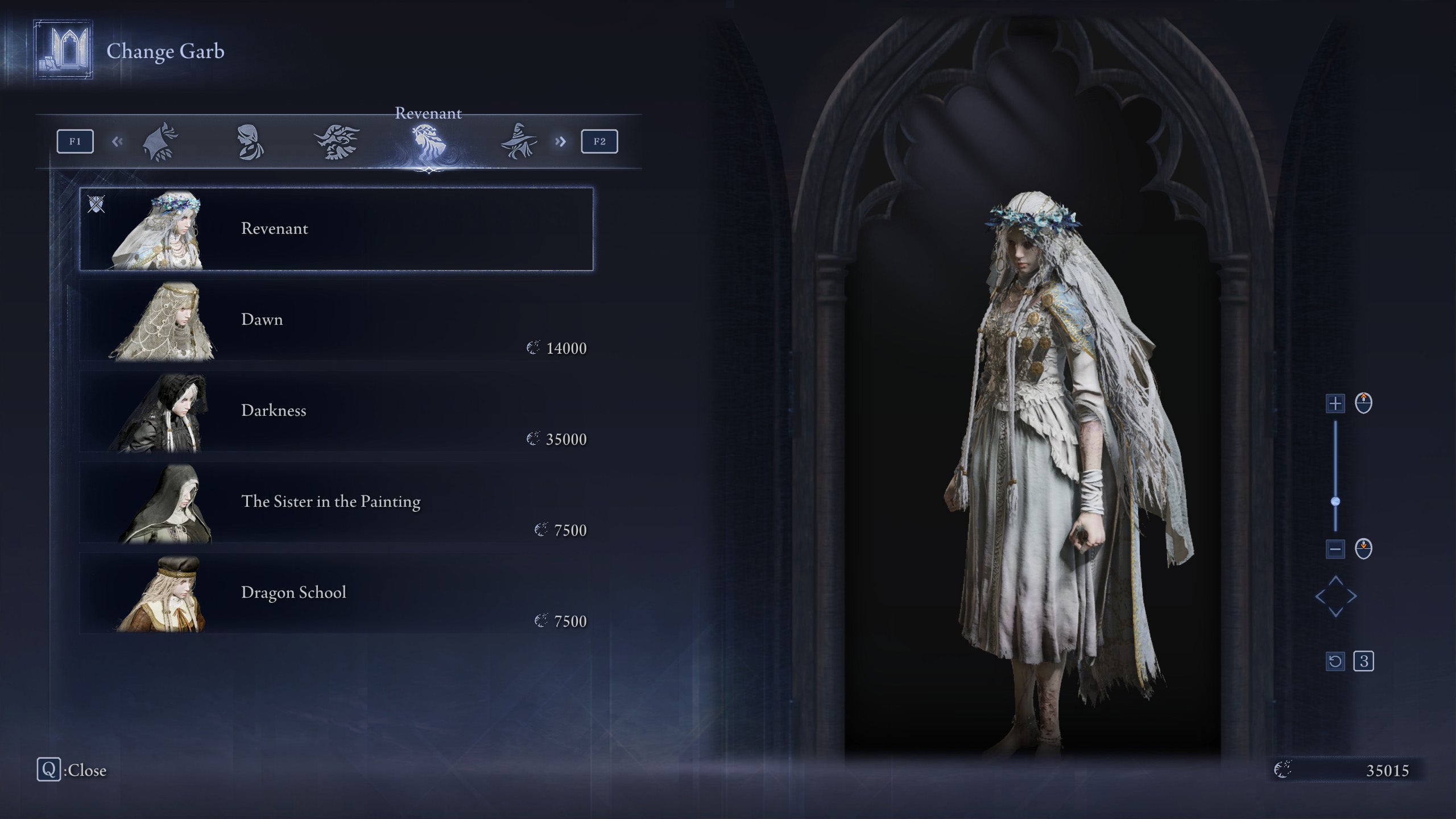 The Change Garb screen in Elden Ring: Nightreign, showing the Default skin for the Revenant. - 32