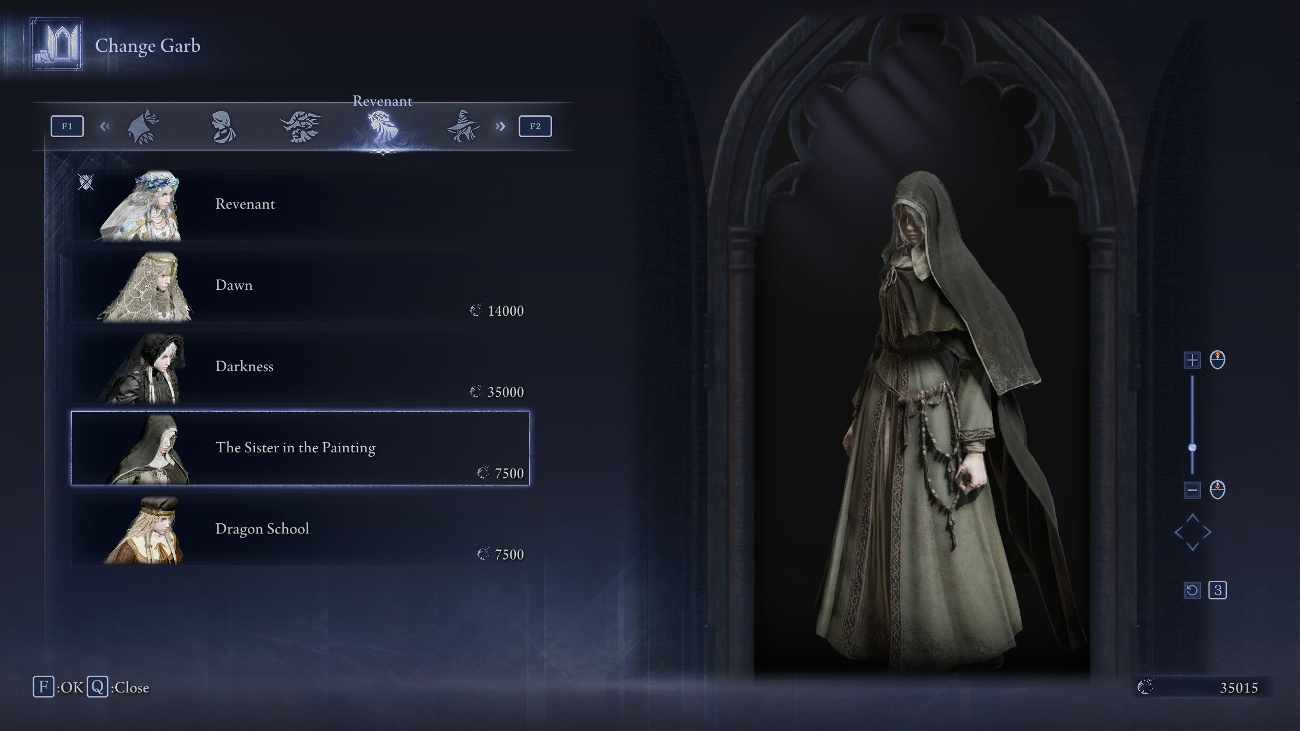 The Change Garb screen in Elden Ring: Nightreign, showing the Sister In The Painting skin for the Revenant. - 35
