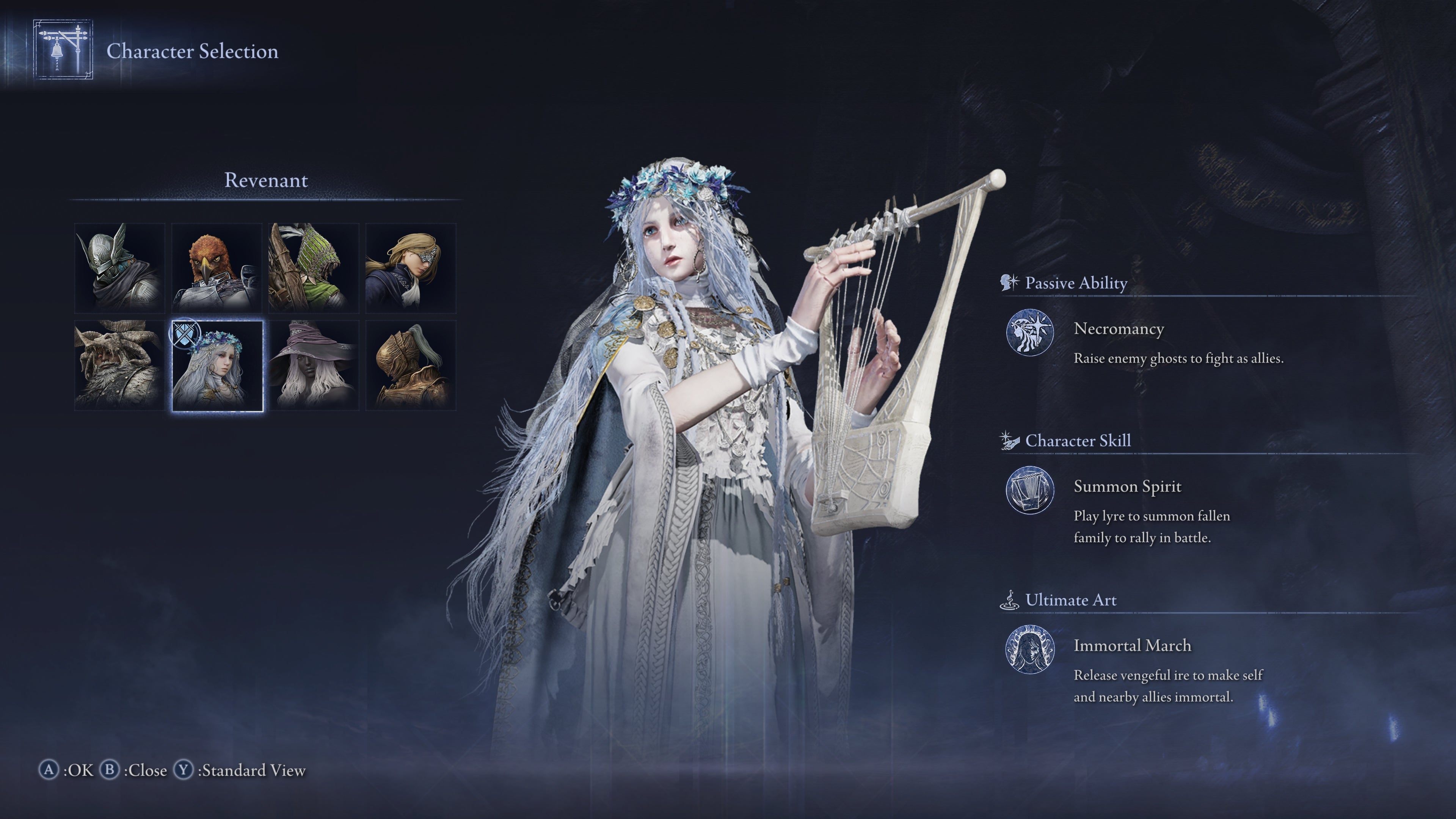 The Elden Ring: Nightreign character selection screen, with the Revenant selected and shown posing in the centre of the screen. - 13