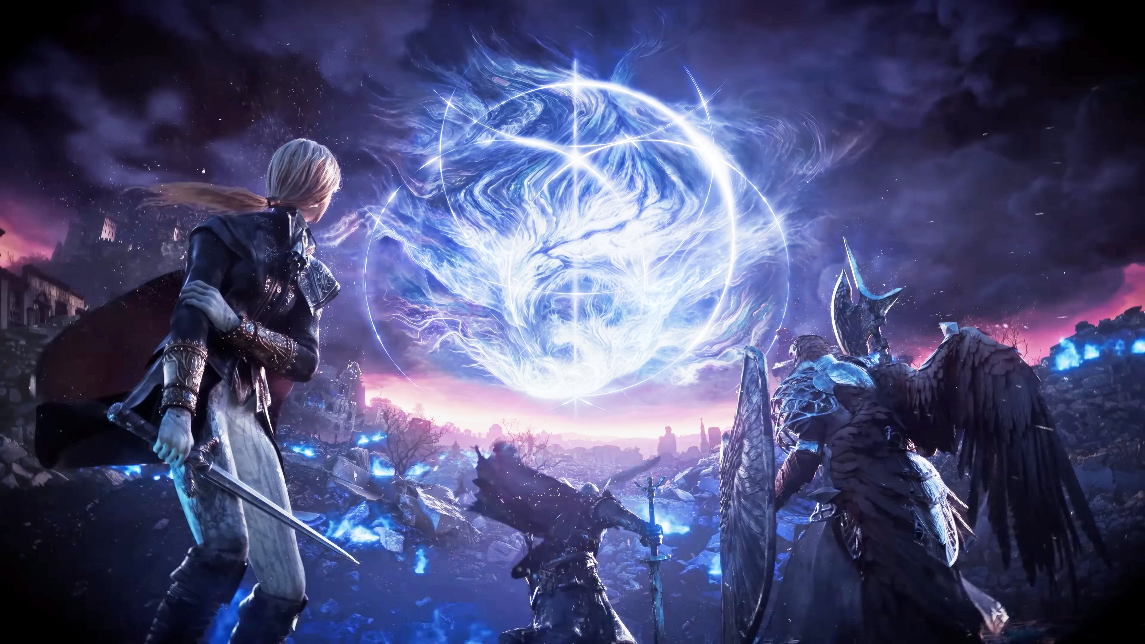 A cinematic shot of three Elden Ring: Nightreign characters standing before a great glowing symbol in the night sky. From left to right: Duchess, Wylder, Guardian. - 1
