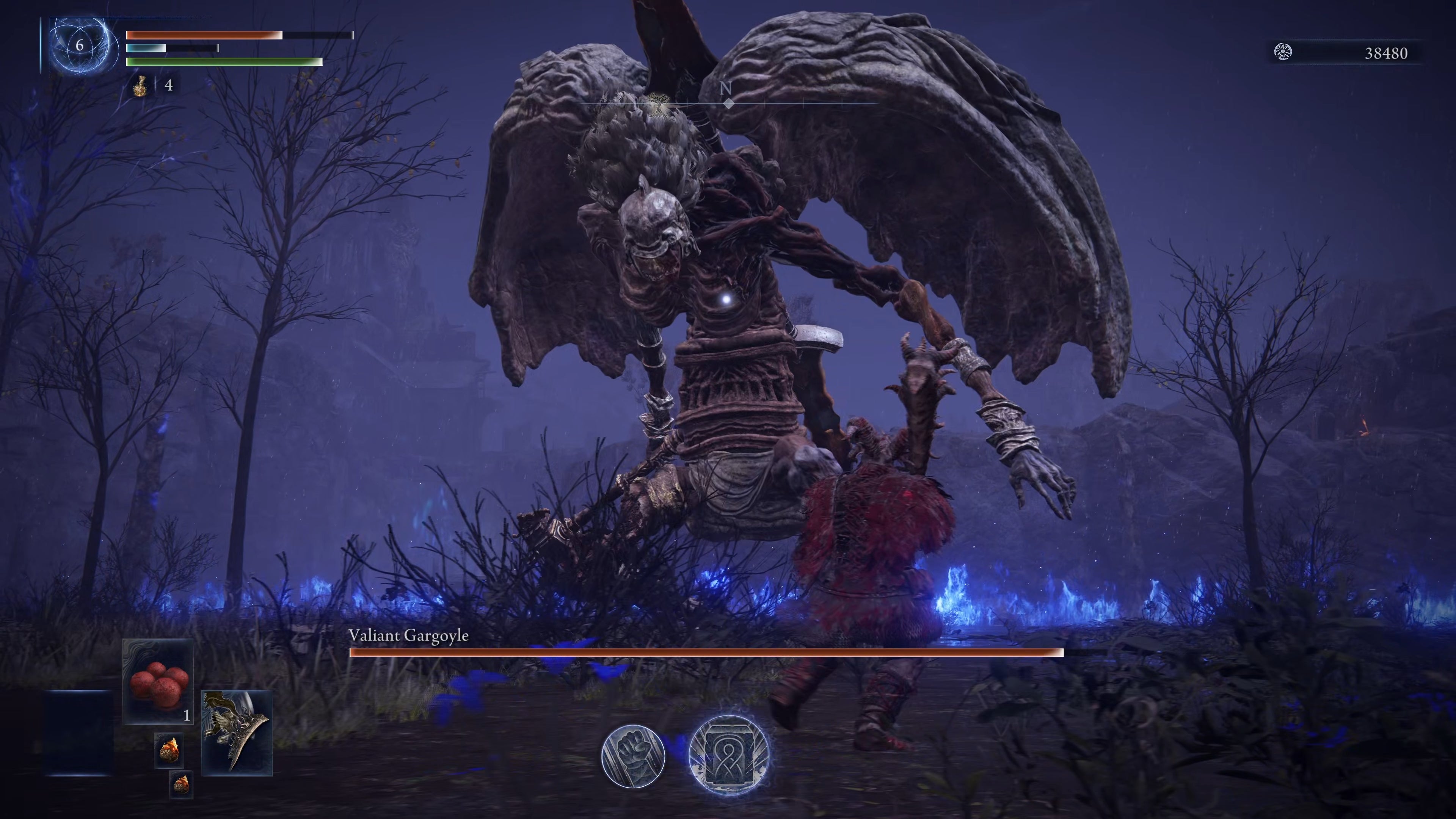 The player in Elden Ring: Nightreign faces a Valiant Gargoyle boss as the final challenge of that day in their Expedition run. - 26