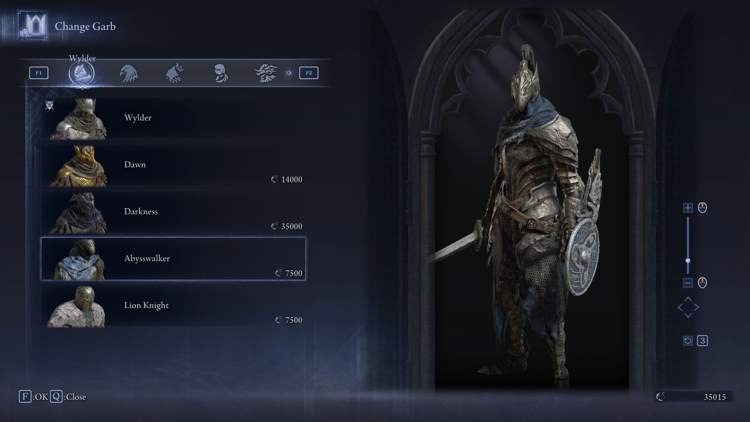 The Change Garb screen in Elden Ring: Nightreign, showing the Abysswalker skin for the Wylder. - 9