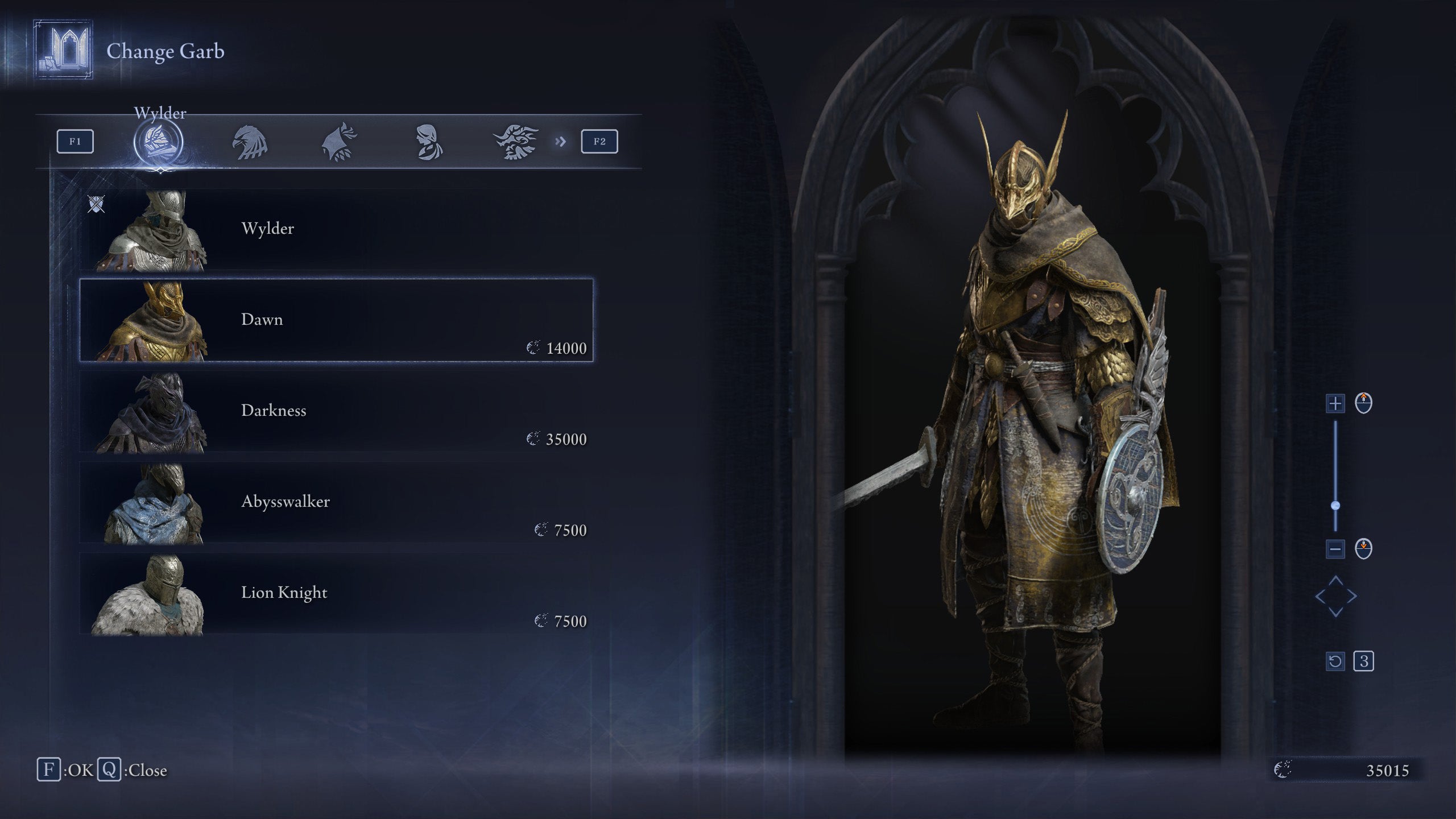 The Change Garb screen in Elden Ring: Nightreign, showing the Dawn skin for the Wylder. - 7