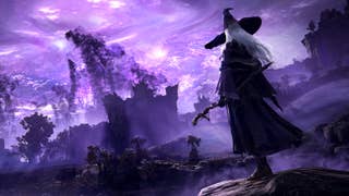 A purple-hued screenshot showing a witchy character standing on a rock looking towards the silhouette of a castle nearby. A strange black mist swirls in the air.