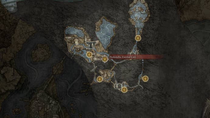 Part of the Elden Ring map, with the location of Nokstella, The Eternal City marked.