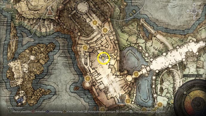 A map screen in Elden Ring showing the location of the Nomadic Warrior's Cookbook 10