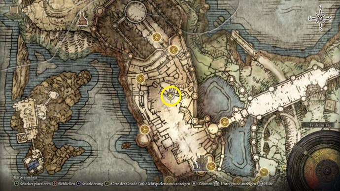A map screen in Elden Ring showing the location of the Nomadic Warrior’s Cookbook 10