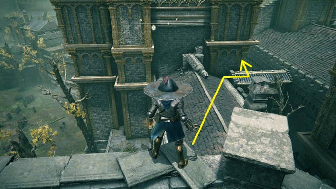 A warrior stands on a rooftop in Elden Ring