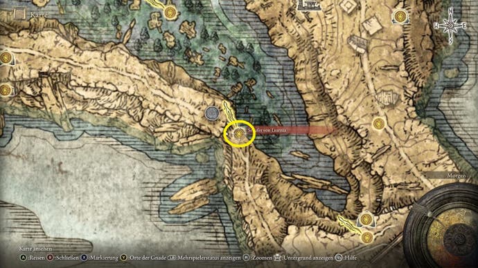 A map screen in Elden Ring showing the location of the Nomadic Warrior's Cookbook 11